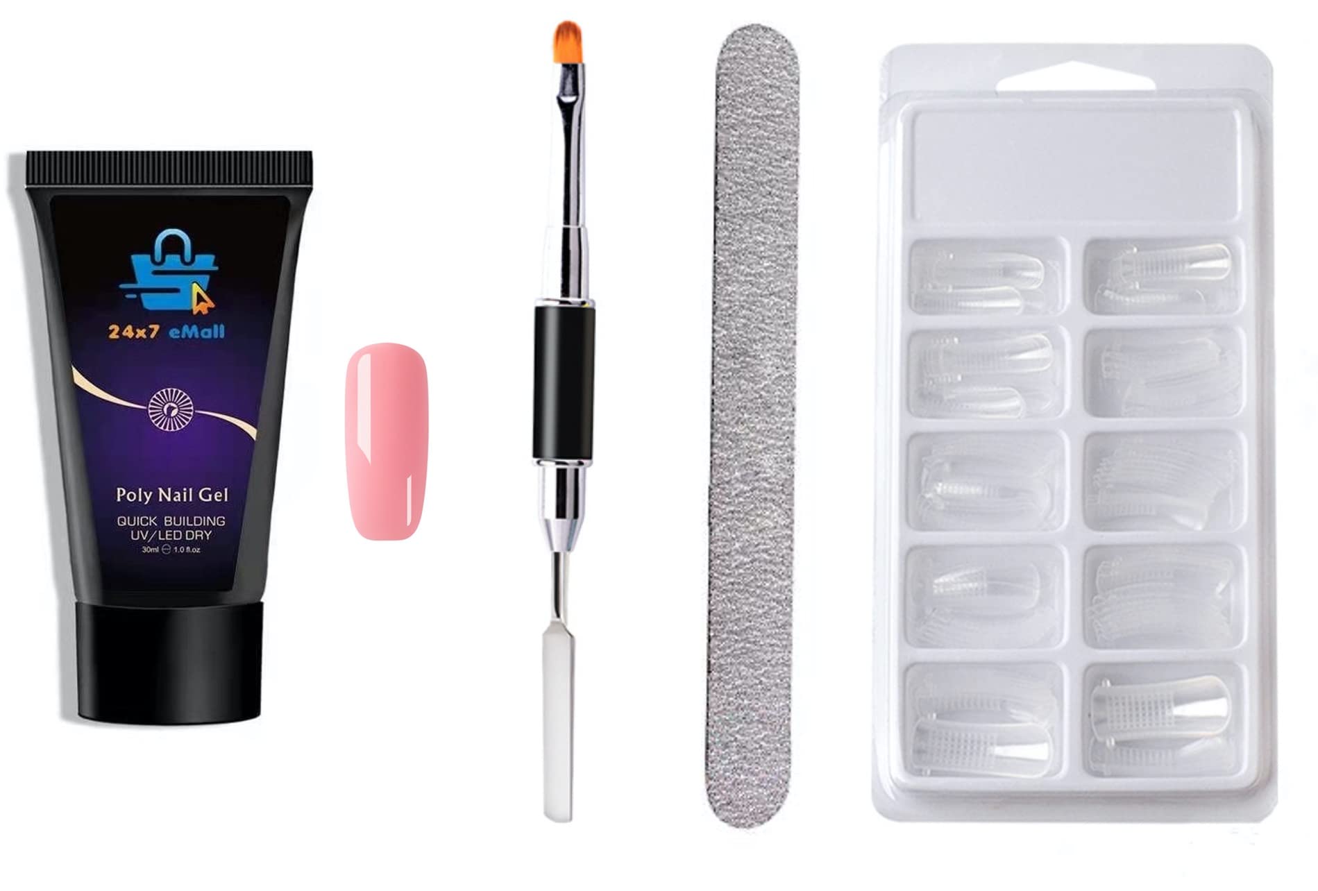24x7 eMall Poly Gel Nail Kit with Spatula, Buffer & 100Pcs Fake Nails - Acrylic Gel Extension Set for Salon-Quality Manicures at Home | Perfect for DIY Nail Art, Special Occasions & Professional Use
