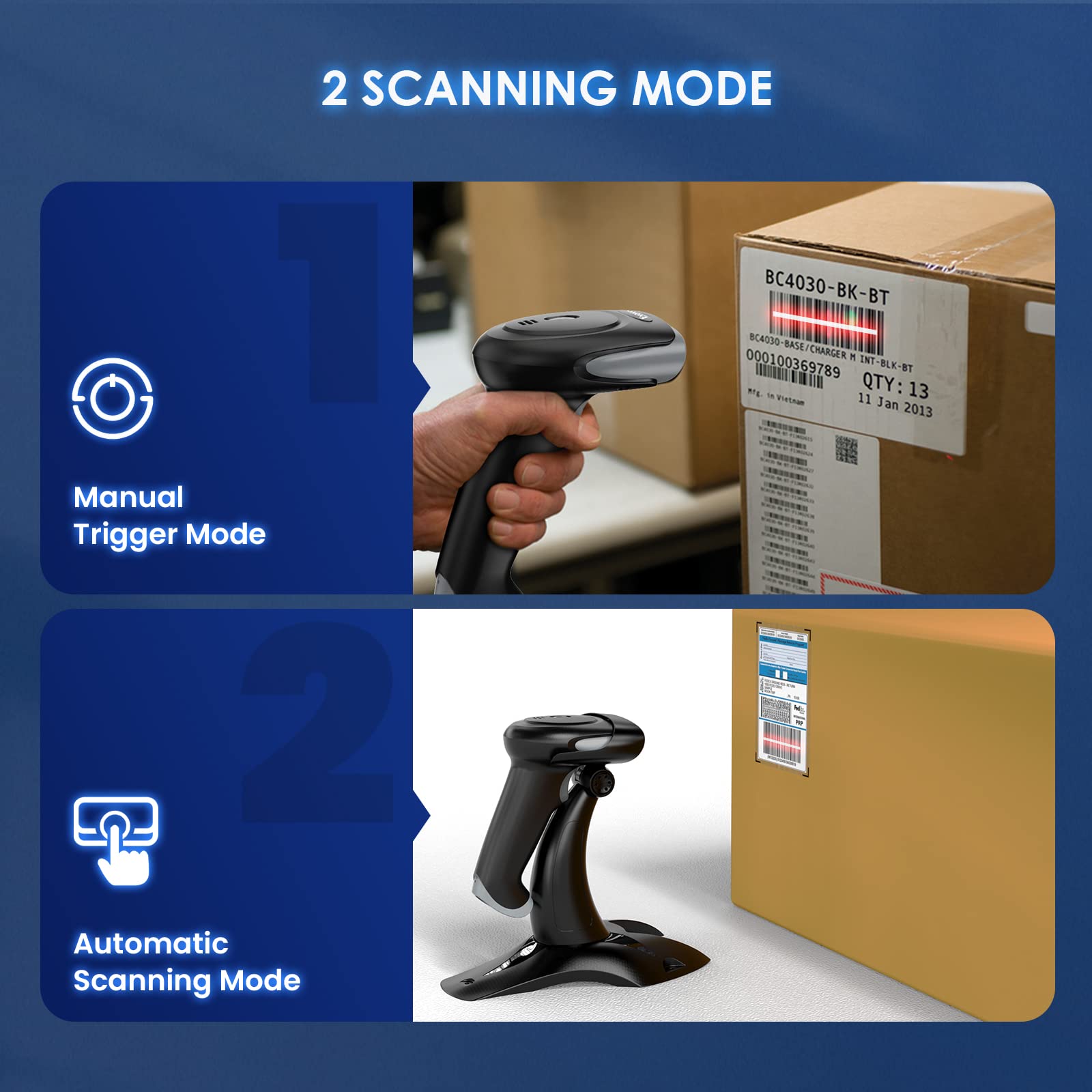 Eyoyo 2D 1D Wireless Barcode Scanner with Stand - 3-in-1 Barcode Reader (2.4G Wireless, Bluetooth & USB Wired) for iPhone, Mac, Android - Perfect for Retail Stores, Warehouses, Libraries & Inventory Management