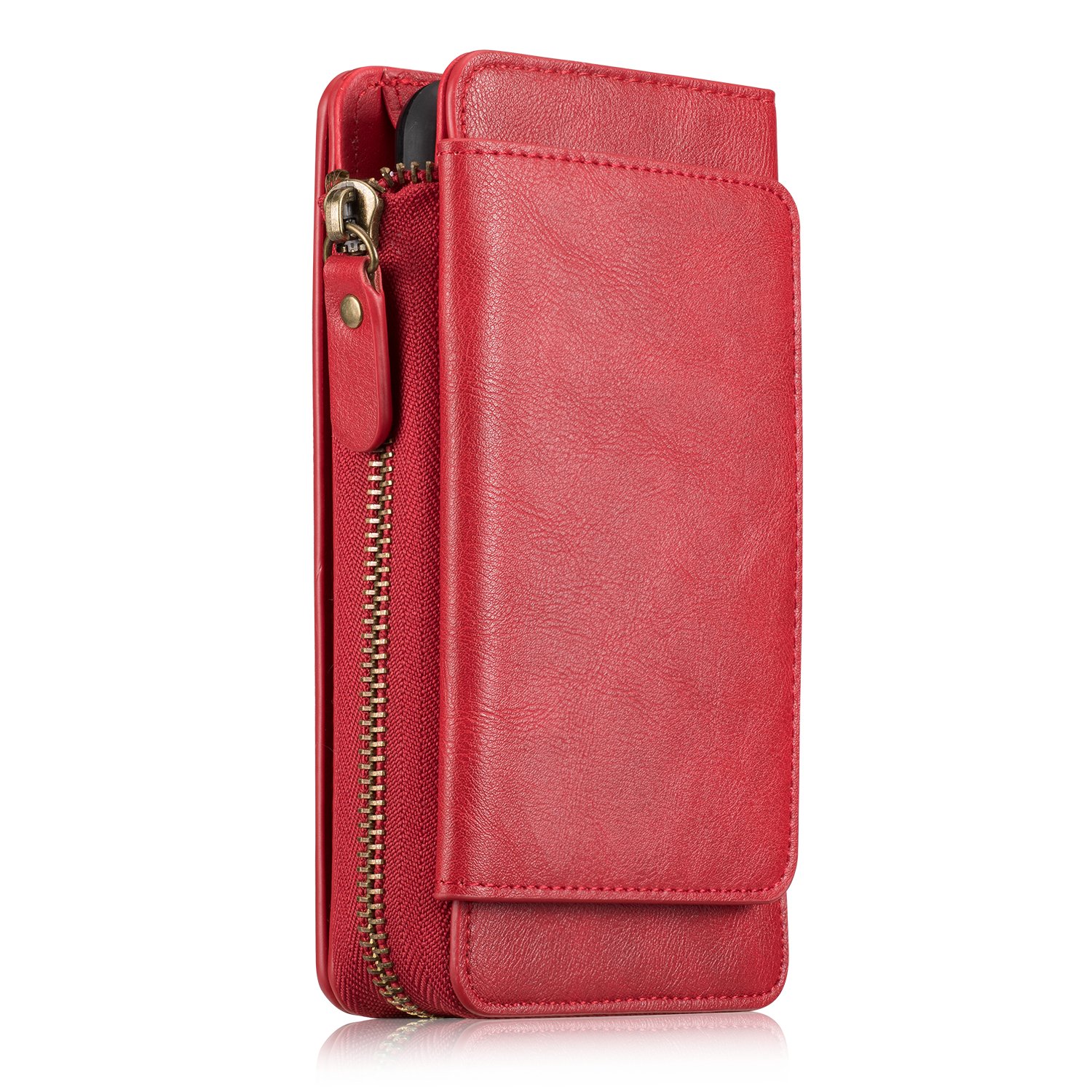 Premium Genuine Leather Wallet Case for iPhone XR (2018) 6.1 Inch - Detachable Zipper Cover with Hand Strap, Large Capacity Card & Money Holder (Red) - Business & Travel Protection for Women & Girls
