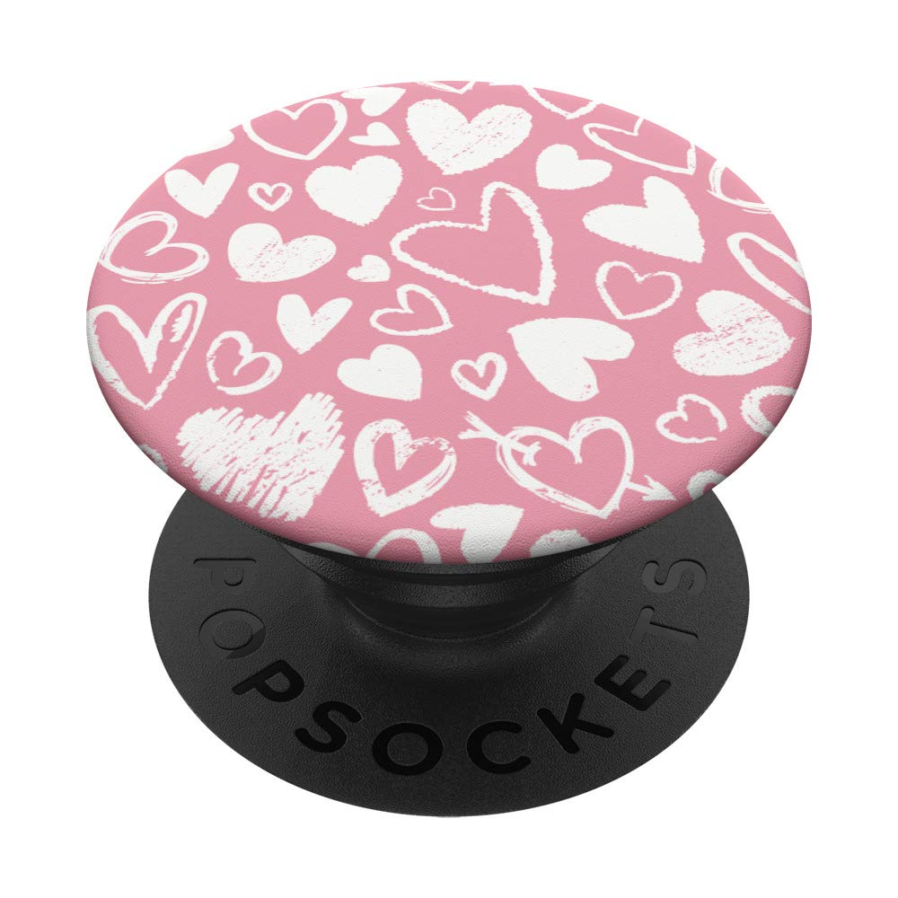 Cute Lovely Chalk Hearts On Pink Pattern Design PopSockets Swappable PopGrip - Phone Grip Stand for iPhone Samsung - Perfect for Valentine's Day Gifts, Everyday Use & Selfies