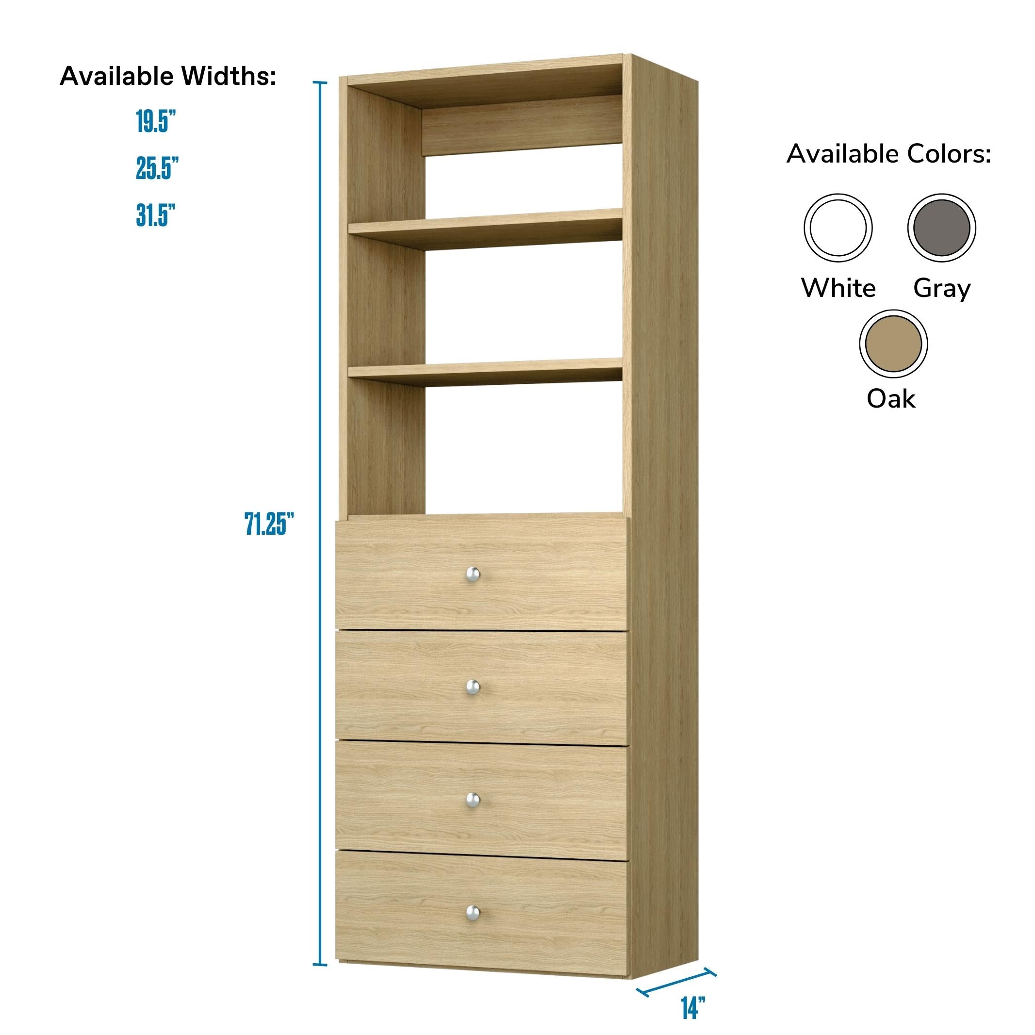 4-Drawer Closet Organizer Tower with Shelves - Space-Saving Storage Solution for Bedroom, Closet, or Office