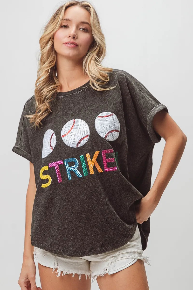 BiBi Sequin Baseballs Strike Washed Short Sleeve T-Shirt | Trendy Casual Top for Women | Perfect for Parties, Concerts & Night Out