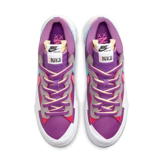 KAWS x Nike x Sacai Blazer Low Sneakers - Purple Dusk, Lagoon & Pulse White Colorway | Limited Edition Collab Shoes for Streetwear & Sneaker Collectors
