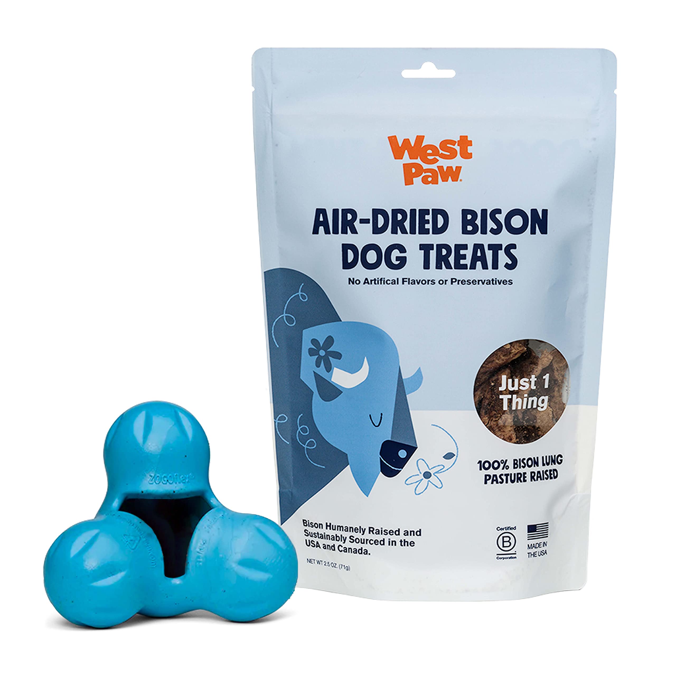 Premium WEST PAW Air Dried Bison Lung Dog Treats with Zogoflex Tux Treat Dispensing Chew Toy Bundle - Natural Farm Fresh Bison Lung Snacks & Interactive Enrichment Toy for Dogs - Holds Kibble & Treats - Perfect for Training, Playtime & Mental Stimulation