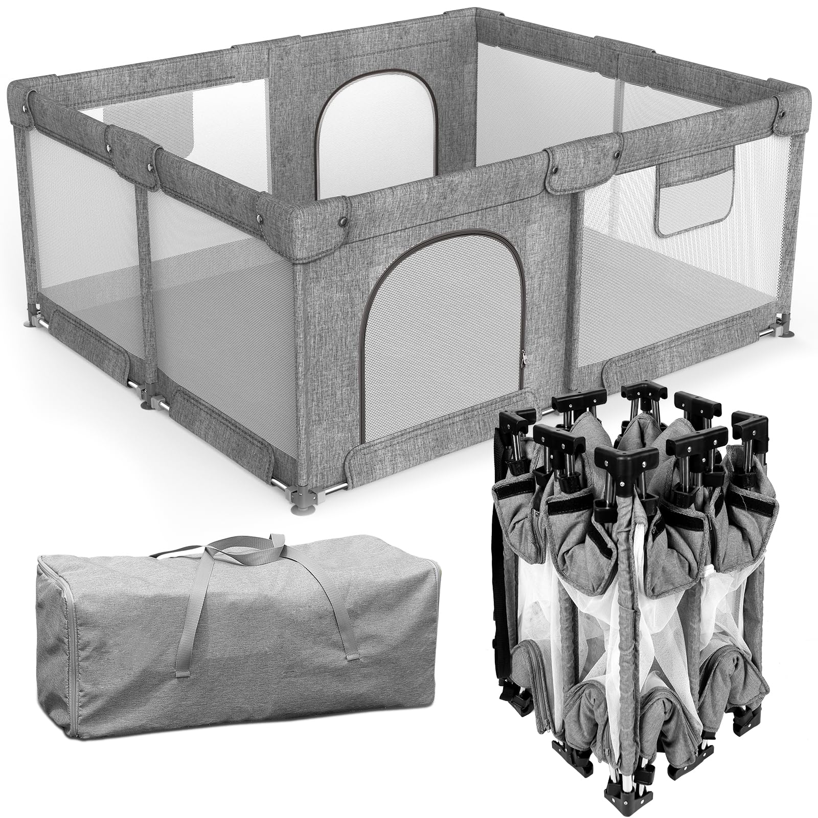 Foldable Baby Playpen with Gate - Extra Large Collapsible Play Yard for Babies & Toddlers - Portable Travel Play Pen with Safety Fence - Safe Activity Center for Indoor & Outdoor Use (59