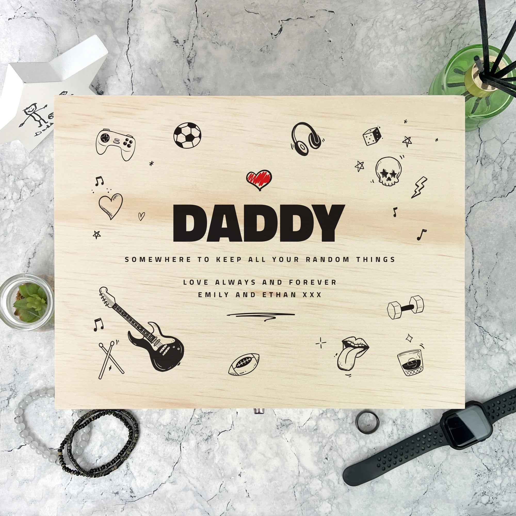 Personalized Father's Day Doodle Sketch Design Pine Wood Memory Keepsake Box - 5 Sizes (16cm, 20cm, 26cm, 30cm, 36cm) - Perfect for Gift Giving, Jewelry Storage & Family Heirlooms