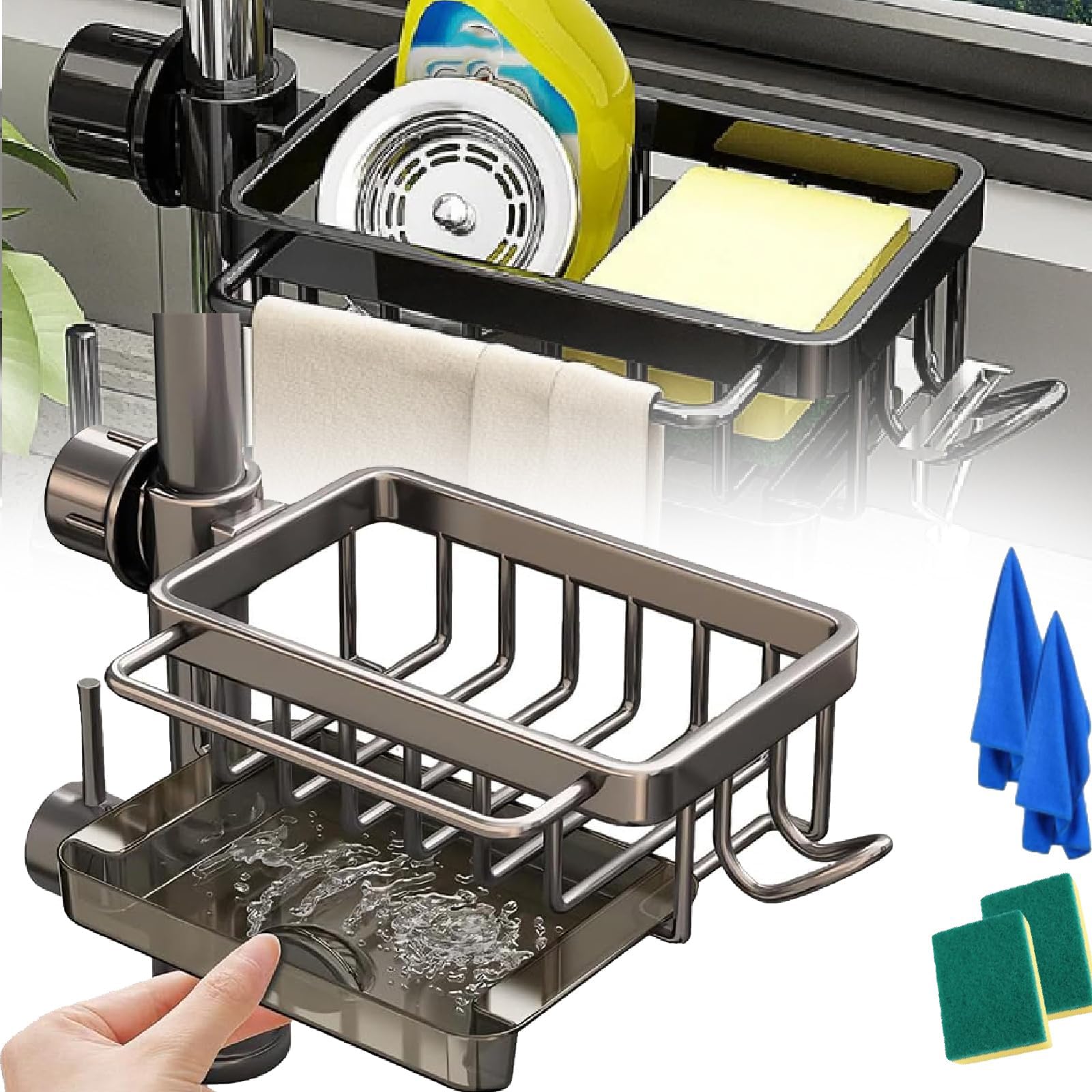 Kitchen Sink Faucet Organizer with Drip Tray - Multifunctional Detachable Sponge Holder & Sink Caddy for Hanging Storage (Grey, Left) | Perfect for Small Kitchen Organization & Dishwashing Accessories