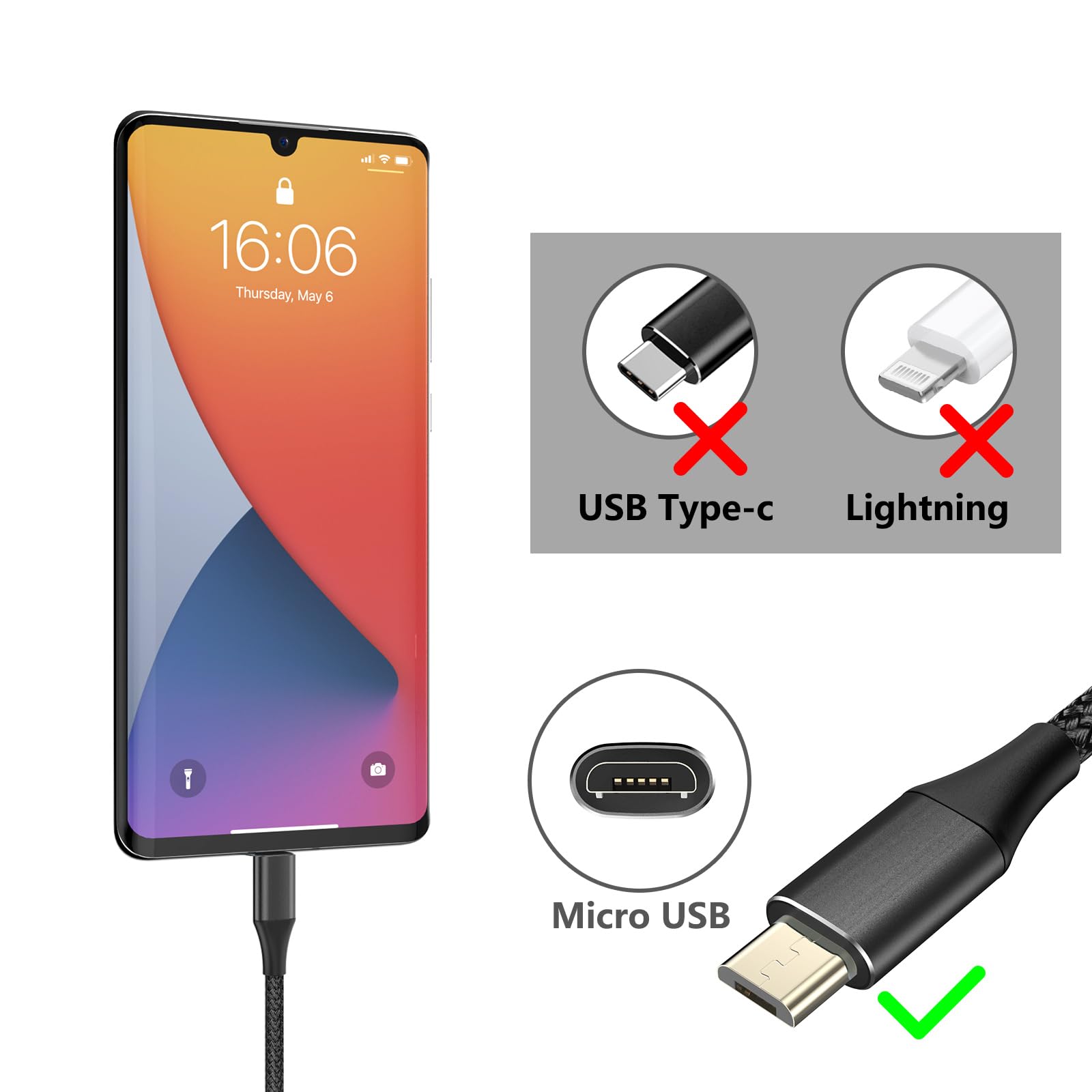 2-Pack 2M Micro USB Charger Cable Fast Charging & Data Sync - Durable Braided Cord for Samsung Galaxy S6/S7/Edge & Android Phones (Black) - Perfect for Home, Office & Travel Charging Needs