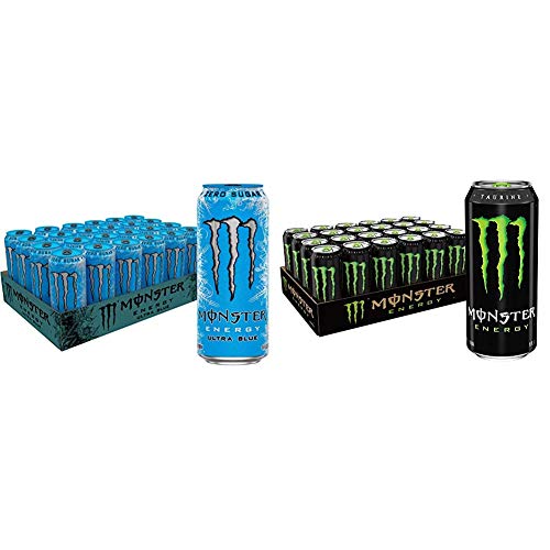Monster Energy Ultra Blue Sugar Free Energy Drink 16oz (24 Pack) & Monster Energy Original Green Drink 16oz (24 Pack) - Perfect for Workouts, Gaming, and Late-Night Study Sessions