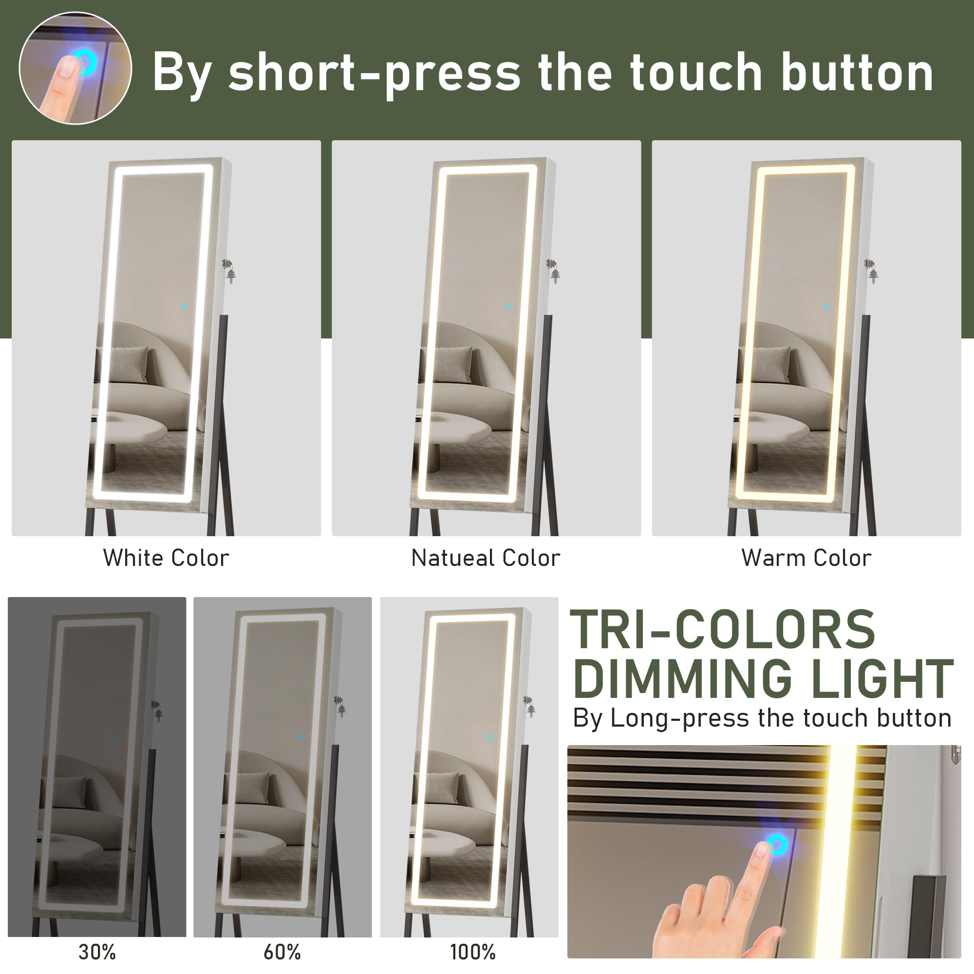Full-Length LED Standing Mirror with Jewelry Storage - Smart Touch Control, 6 Color Lighting Options, Lockable Cabinet & Removable Wheels for Bedroom, Dressing Room, and Closet Organization