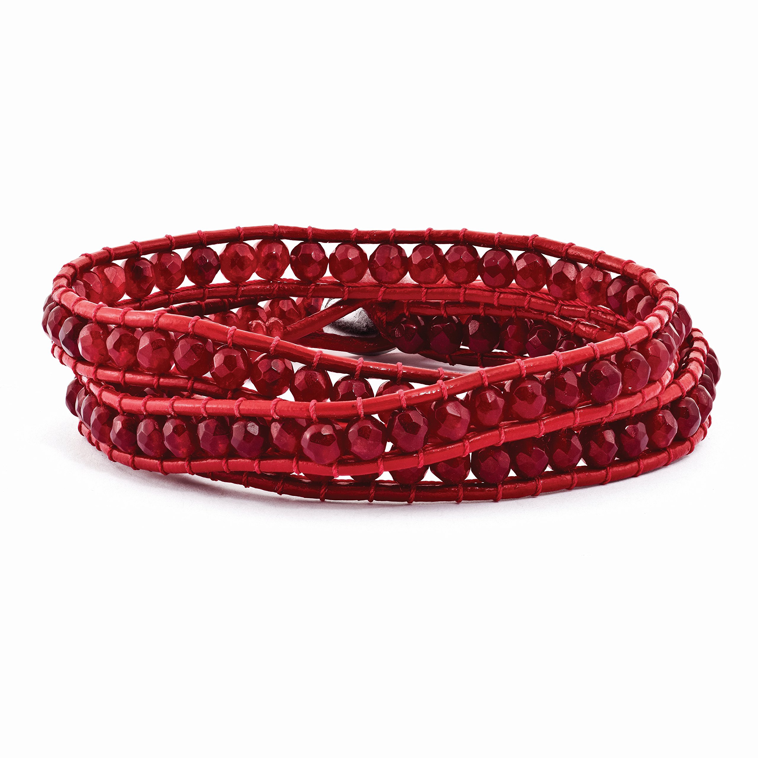 Stylish Red Leather & Quartz Beaded Wrap Bracelet with Brass Button - Perfect for Boho Fashion, Gift Giving & Everyday Wear