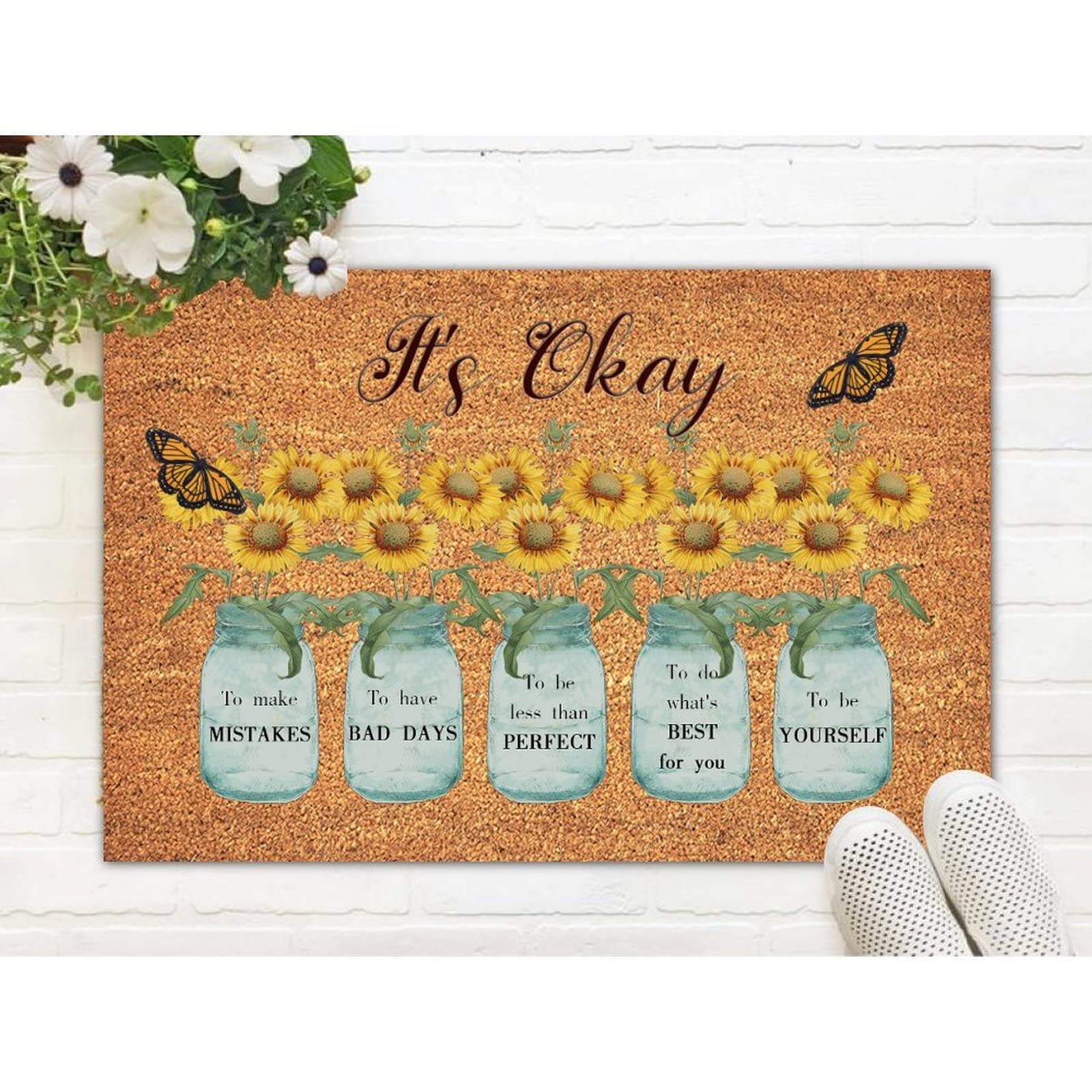 Rustic Coir Door Mat with Non-Slip Rubber Back - 24x36in Sunflower Design & Positive Motivational Quote 'It's Okay to Make Mistakes' - Perfect Entryway Welcome Mat for Home, Office, or Gift - Durable & Customizable