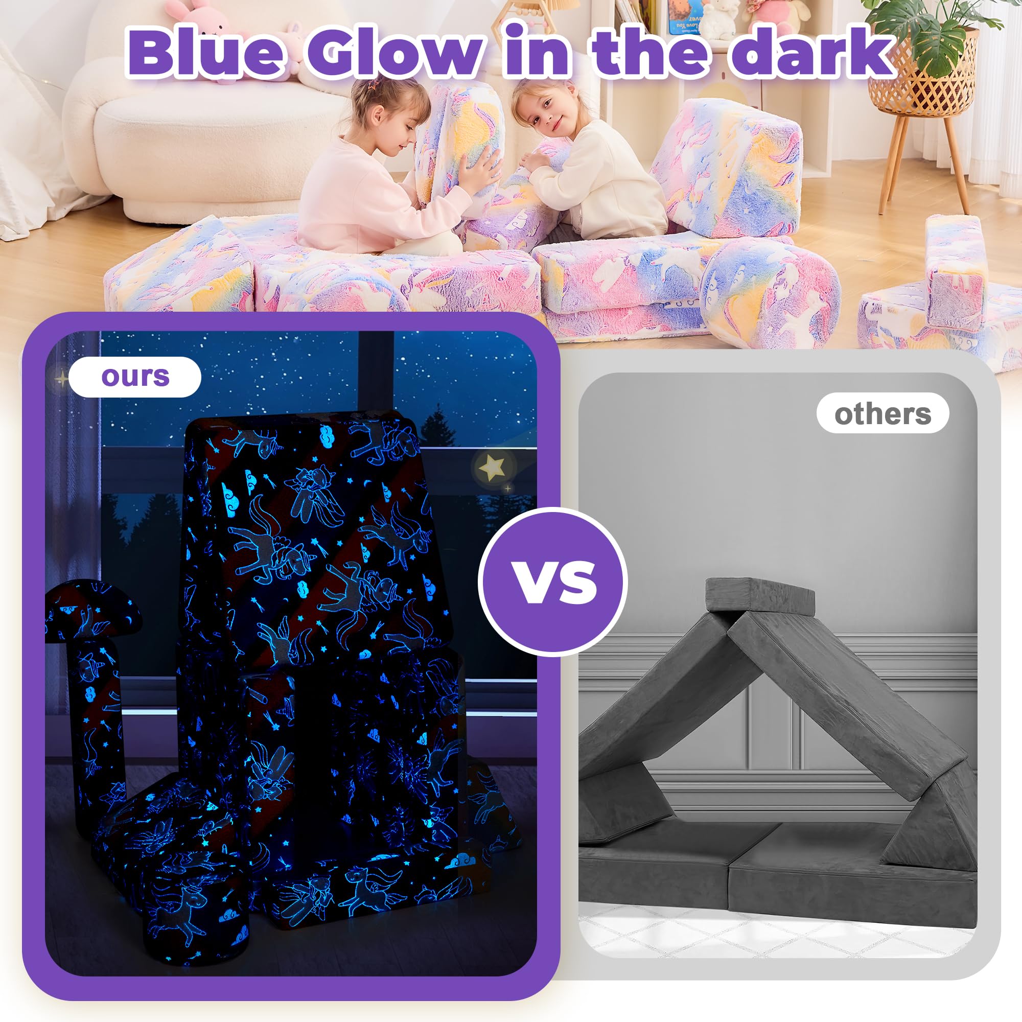 14-Piece Modular Kids Play Couch - Convertible Toddler Sectional Sofa with Blue Glow Foam Cushions for Boys & Girls | Playroom, Bedroom & Nursery Furniture | Unicorn-Themed Floor Cushion for Reading Nook & Playtime