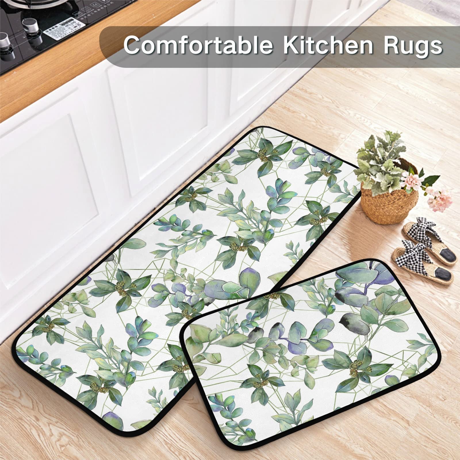 Premium Green Kitchen Rugs Set of 2 - Non-Slip Eucalyptus Leaf Design Anti-Fatigue Mats (20