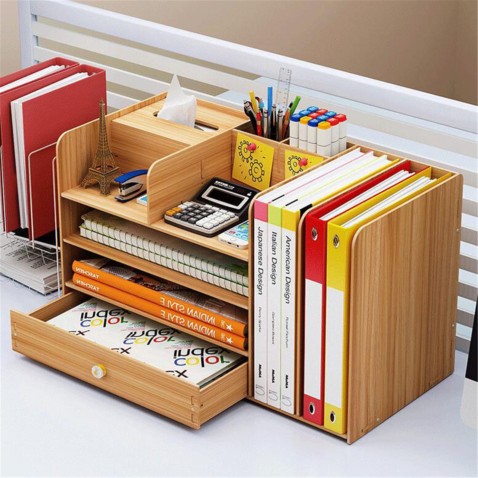 Adjustable Wooden Office Desk Organizer with Drawer - Freestanding Bookcase & Desktop Storage for Home, School & Workspace - Cherry Wood Home Office Organization Solution