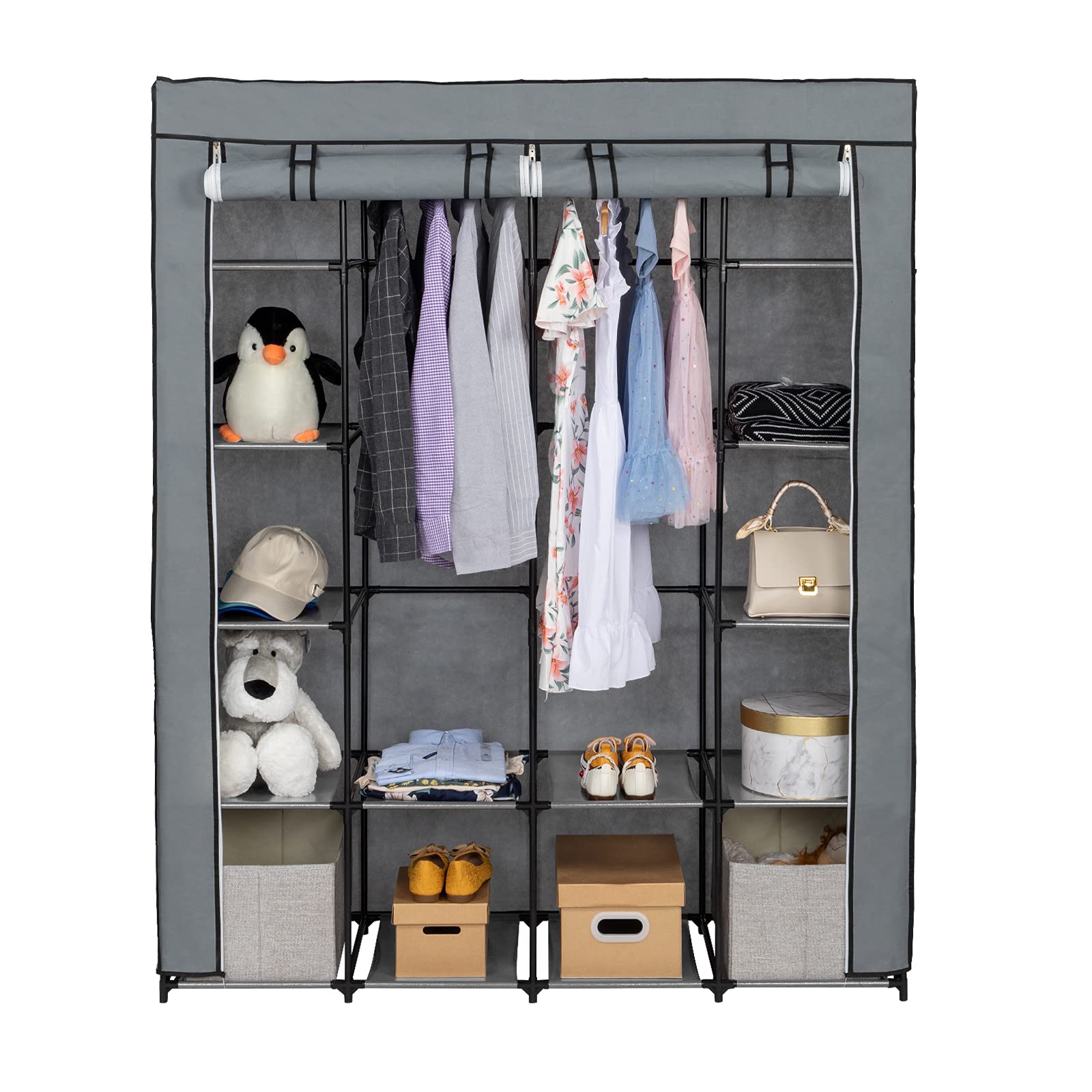 Bysesion GT2-XJ Portable Closet Organizer with 14 Non-Woven Fabric Shelves - Easy Assembly Wardrobe Storage for Bedroom, Closet & Dorm - Space Saving Gray Closet Organizer for Clothes, Shoes & Accessories