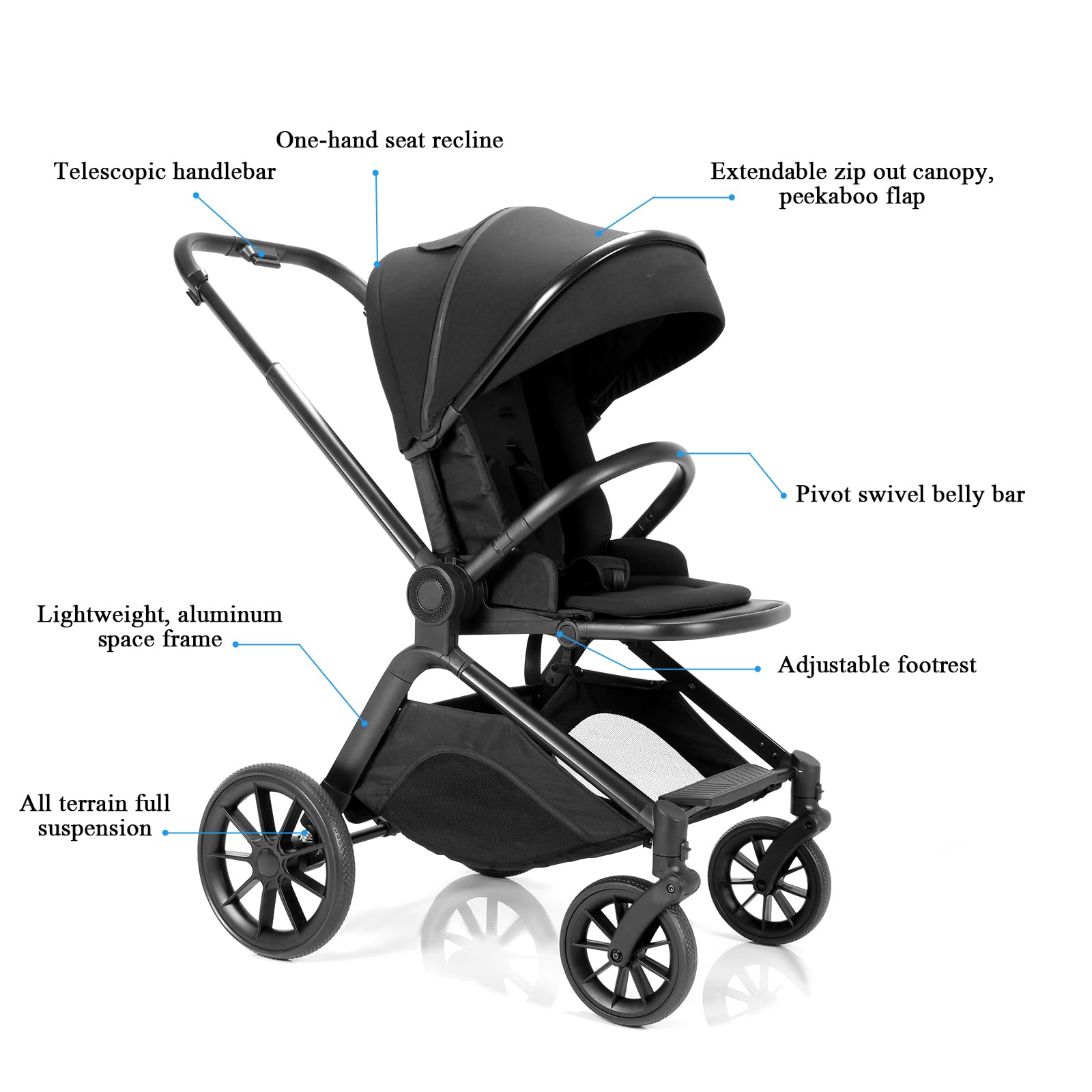 2 in 1 Convertible Baby Stroller with Reversible Bassinet | Foldable Newborn Pushchair with Adjustable Canopy | High Landscape Infant Carriage in Black | Perfect for City Walks, Shopping & Travel