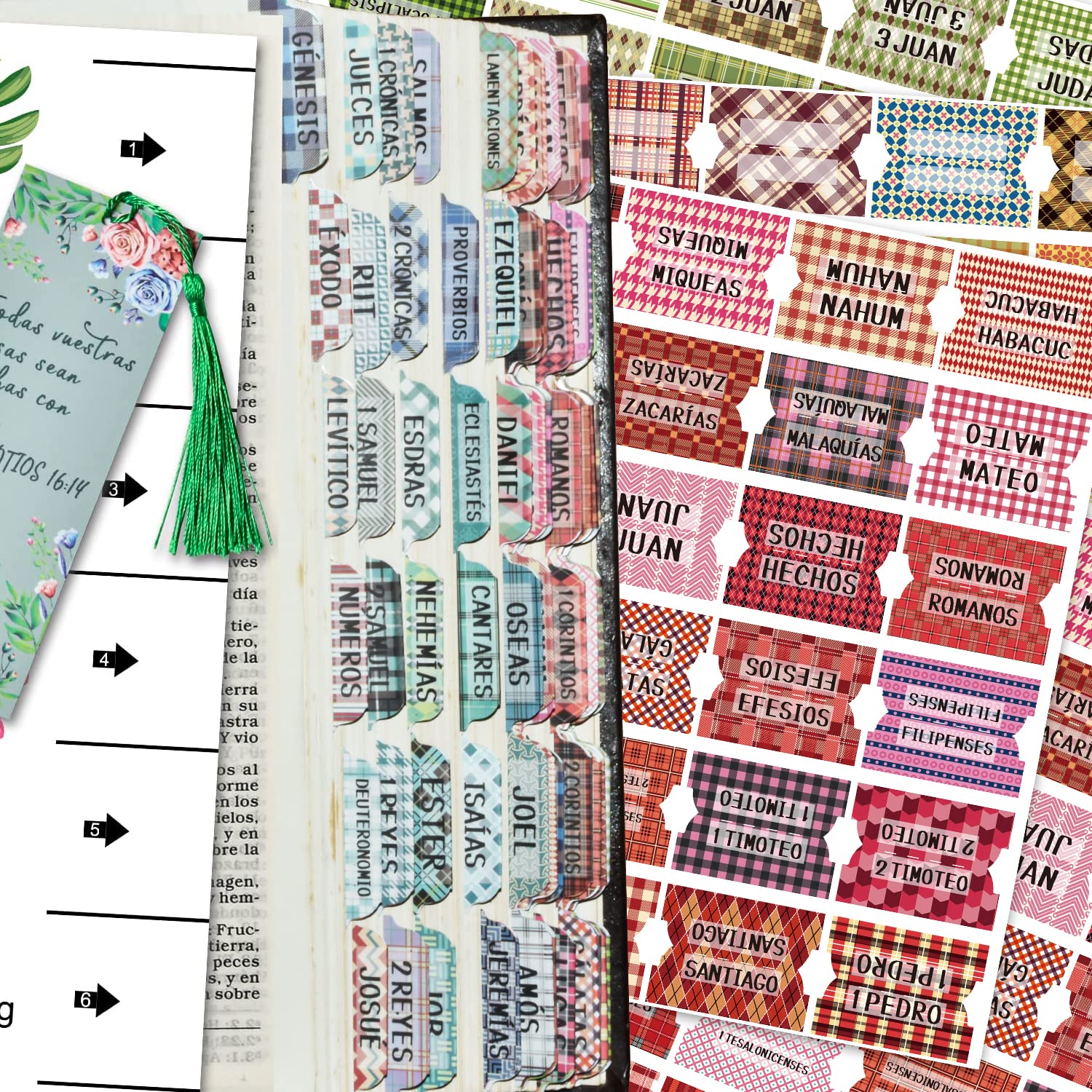 Spanish Catholic Bible Index Tabs - 122 Pcs Matte Laminated Floral Design Tabs for Old & New Testament, Bible Journaling Supplies (Plaid) - Perfect for Scripture Study, Church Services & Personal Devotion