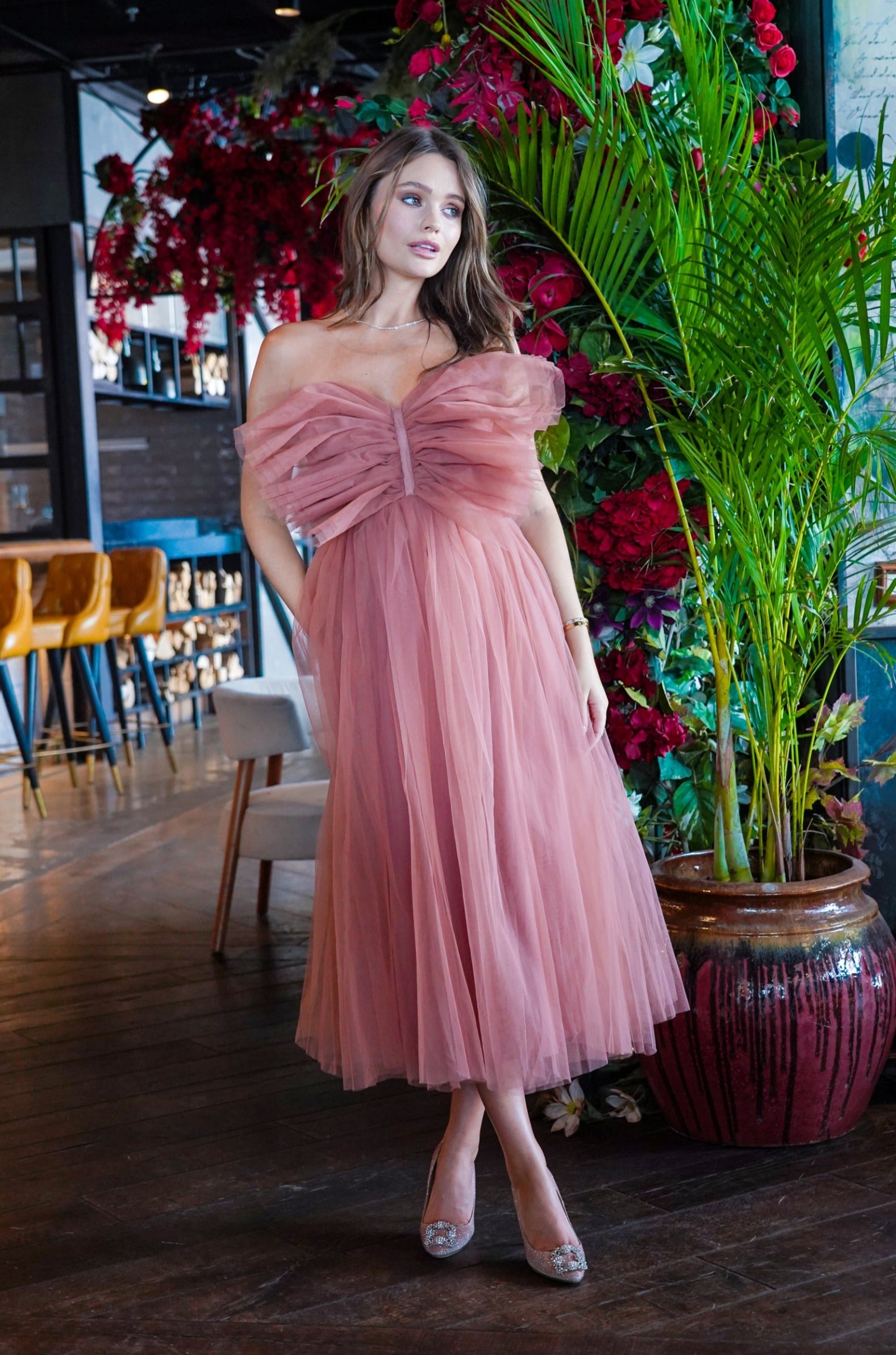 Elegant Butterfly Mauve Tulle Midi Dress for Women - Flowy Party & Wedding Guest Dress - Perfect for Bridal Shower, Evening Events & Special Occasions
