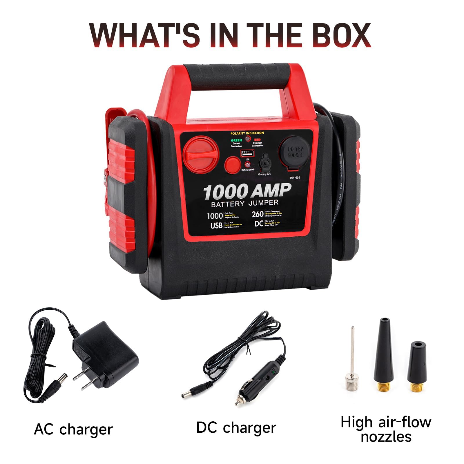 1000Amp Portable Car Battery Jump Starter with 260PSI Air Compressor - 12V Jump Box for Gas/Diesel Engines (Up to 5L) - Tire Inflator with USB/DC Ports - Emergency Roadside Assistance for Cars, Trucks, SUVs & RVs