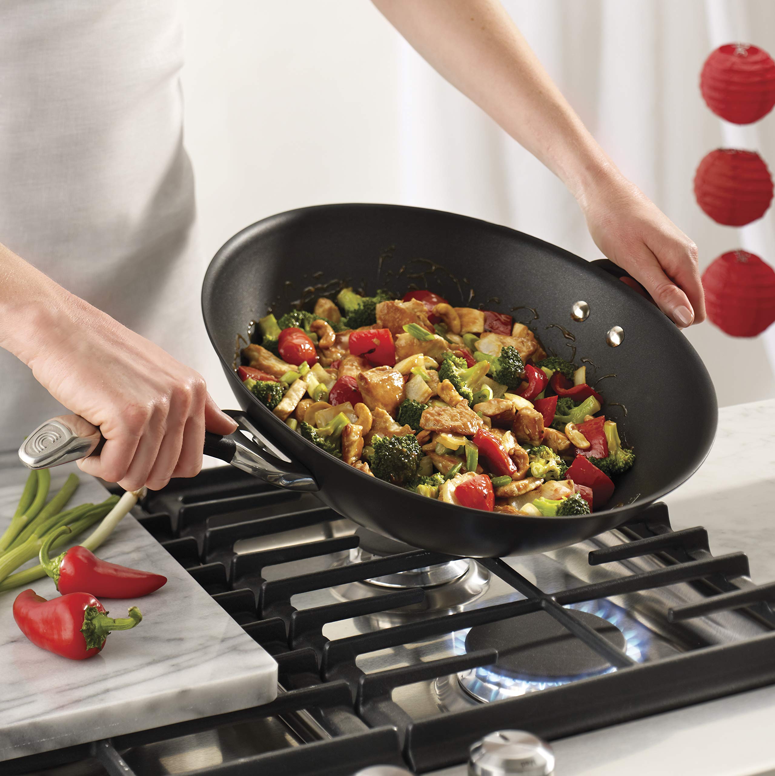 Circulon Symmetry 14-Inch Hard Anodized Nonstick Wok Pan with Helper Handle - Black Stir Fry Pan for Asian Cooking, Sautéing & Deep Frying - Perfect for Home Chefs & Professional Kitchens