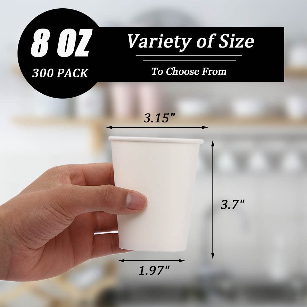 Lamosi 300 Pack 8 oz Disposable Paper Cups - White Hot & Cold Beverage Drinking Cups for Coffee, Tea, Juice, Water - Ideal for Office, Party, Home, Travel & Outdoor Events