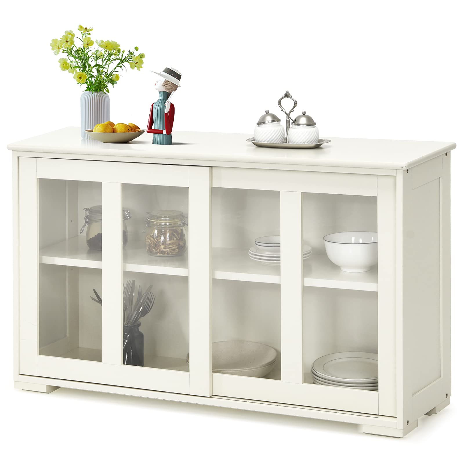 Stackable Sideboard Buffet Cabinet with Adjustable Shelves & Glass Sliding Doors - White Wooden Credenza Storage Table for Kitchen, Dining Room, Living Room | Perfect for Coffee Bar Setup, Entryway Organization & Home Decor