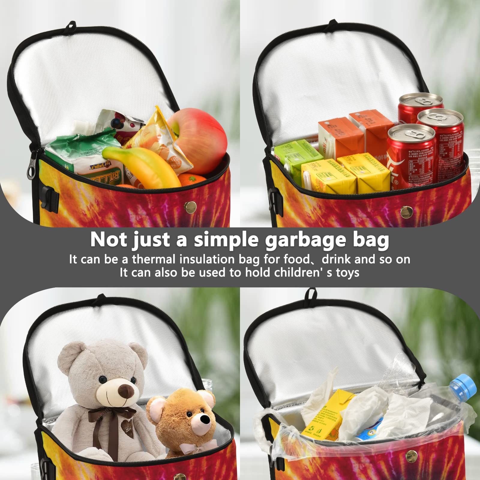 JUNZAN Tie Dye Swirl Car Trash Can - Leakproof Hanging Trash Bag with Lid for Minivan, Truck, Van & SUV - Cute Auto Garbage Bin for Women - Perfect for Road Trips, Commuting & Keeping Your Vehicle Clean