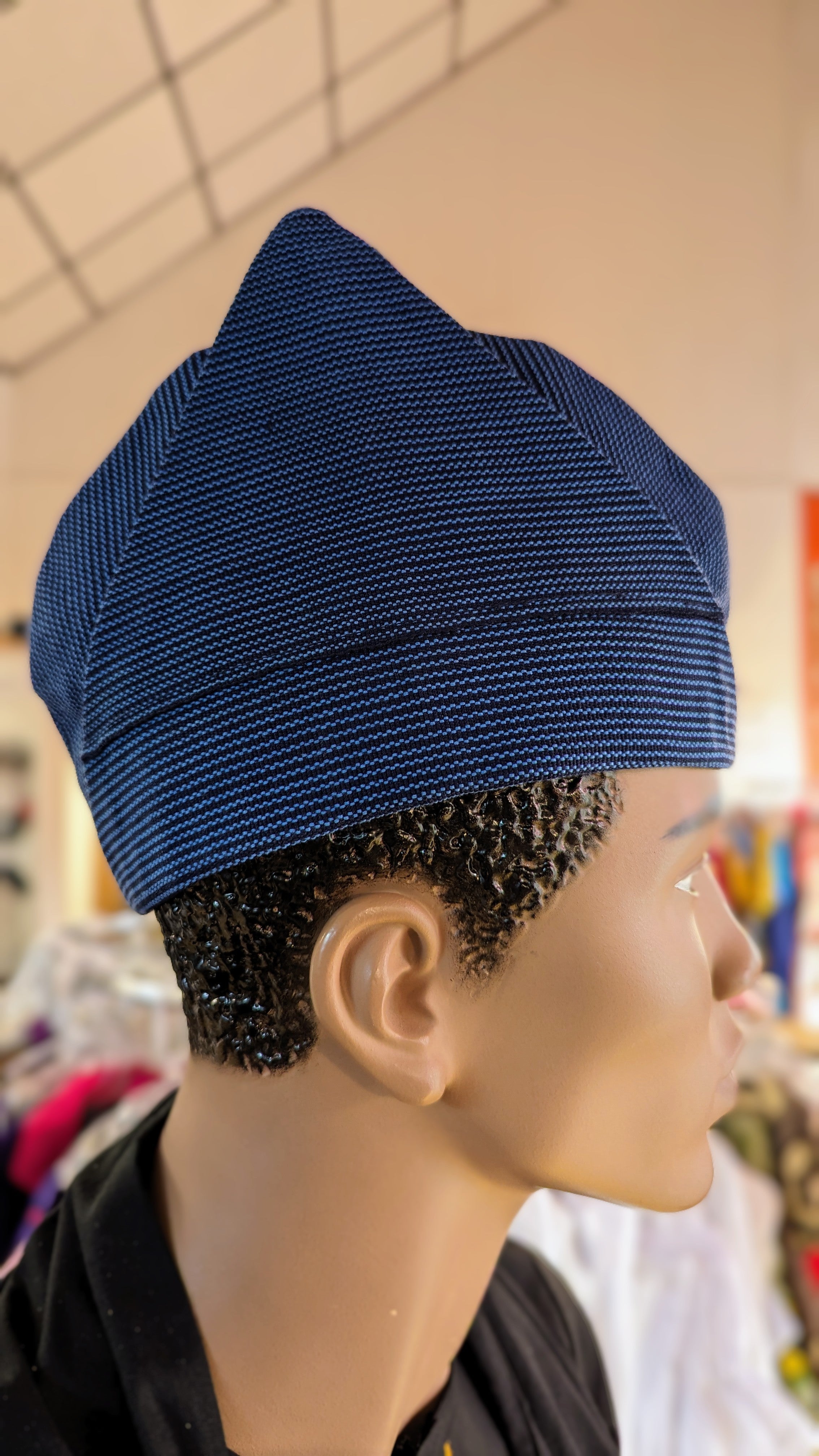 Dupsie's Blue Orin Aso Oke Abeti Aja Kufi Cap Hat DPHSOB10 - Traditional Nigerian Hat for Men, African Cultural Headwear for Weddings & Special Occasions