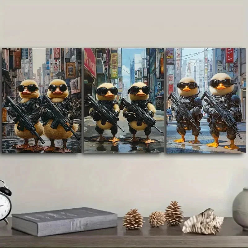 Cyberpunk Armor Baby Ducks Wall Art Set - 3 Piece Framed Canvas Prints 40x60cm, High Quality Australian Made Home Decor for Nursery, Kids Room & Gaming Room