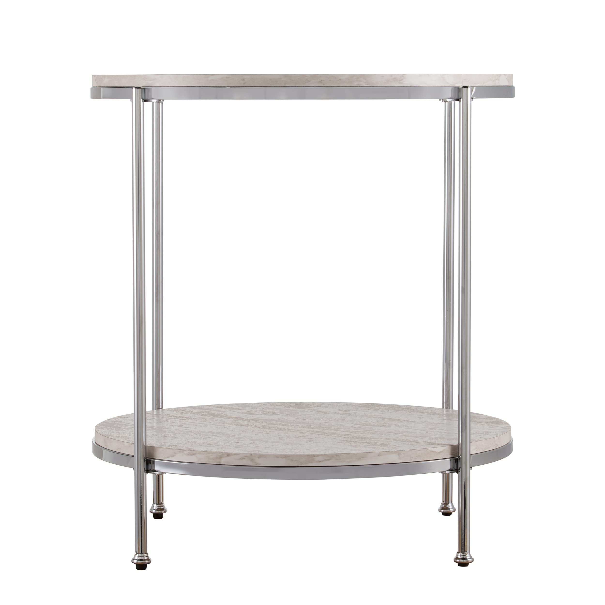 SEI Furniture Silas Round Faux Stone End Table - Silver Finish | Modern Accent Table for Living Room, Bedroom & Office Decor