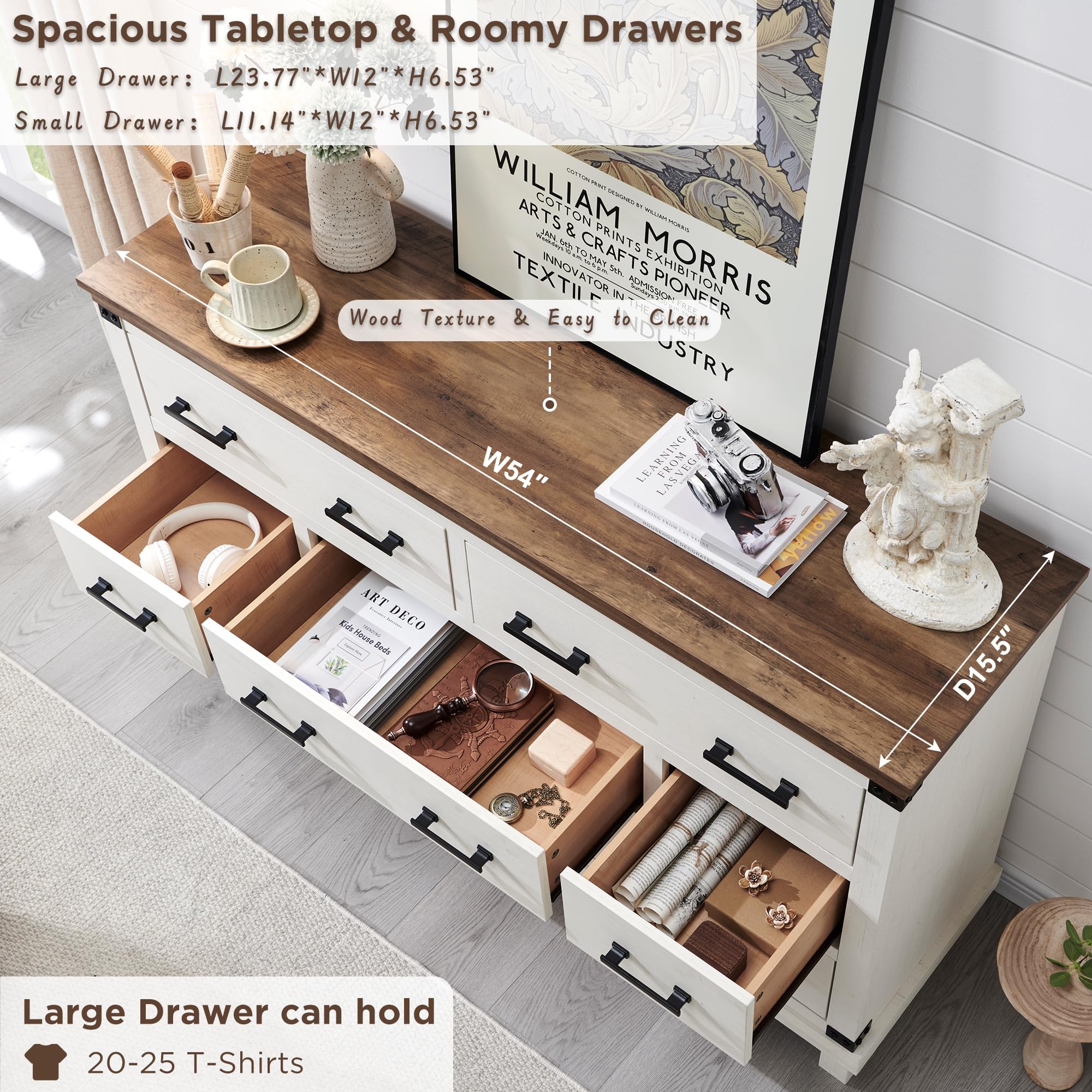 Farmhouse 7-Drawer Wooden Dresser for Bedroom - Large Rustic Chest of Drawers with Thick Plank Design - Antique White Storage Cabinet for Bedroom, Living Room & Closet Organization | Perfect for Farmhouse Decor, Guest Room Furniture & Home Storage Solutions