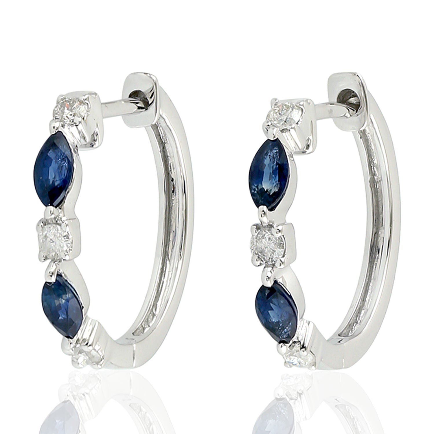 Exquisite 18K White Gold Marquise Cut Blue Sapphire & Diamond Hoop Earrings | Elegant Dangling Earrings for Women | Perfect for Weddings, Parties & Special Occasions
