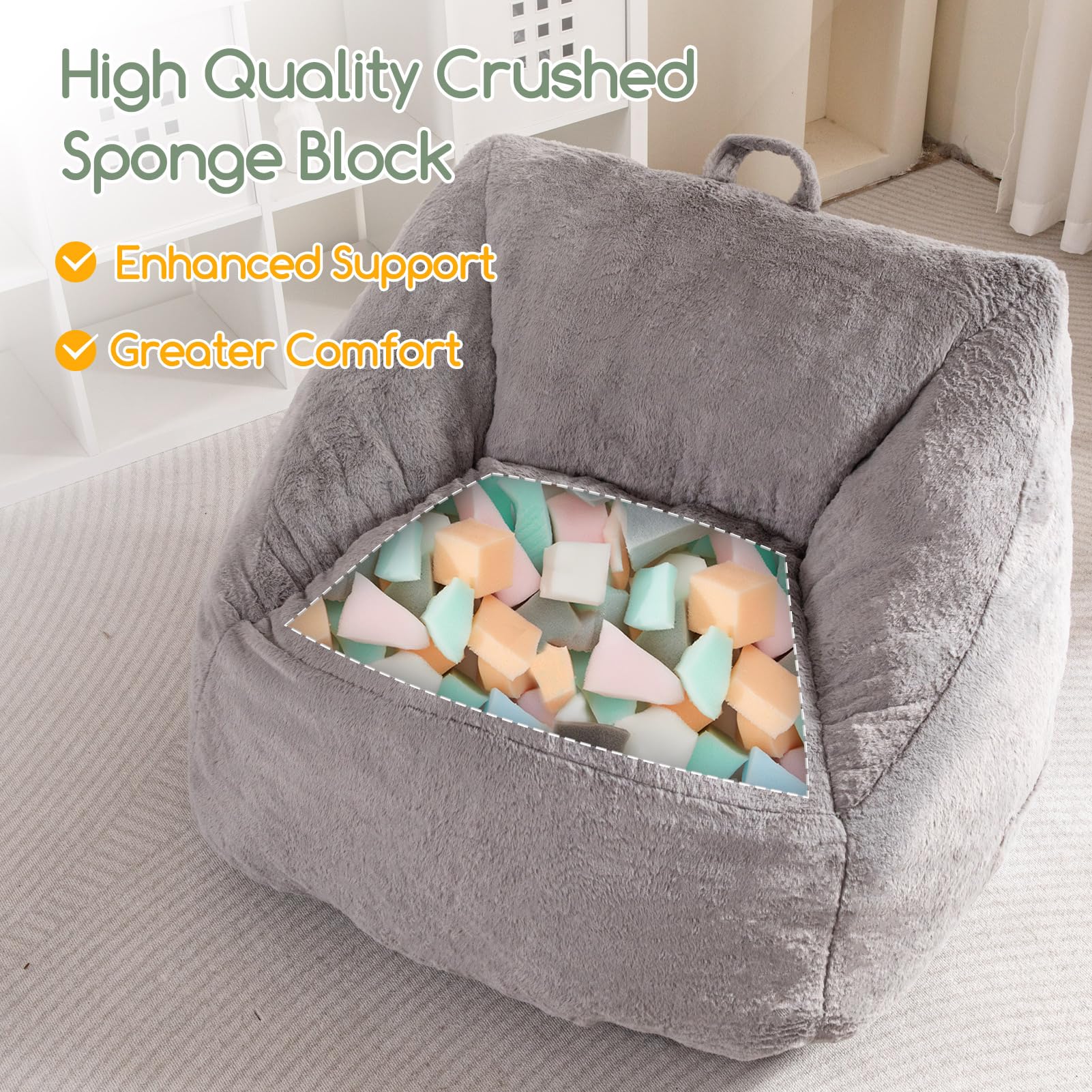 MAXYOYO Bean Bag Chair for Adults, Kids & Teens - Soft Floor Sofa with Handle for Gaming, Reading & Relaxing - Grey - Perfect for Living Room, Bedroom & Game Room