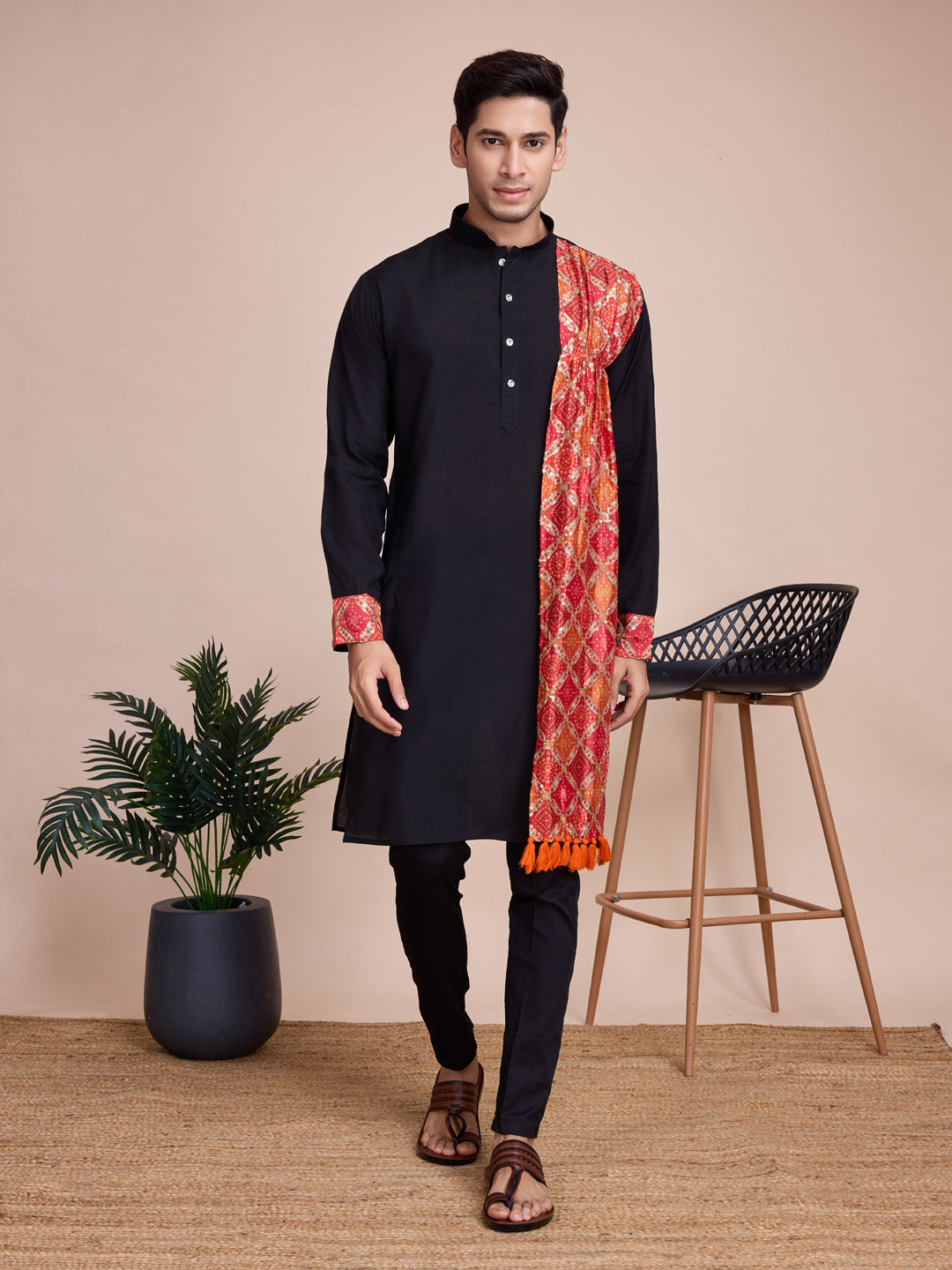 Elegant Black Silk Kurta with Dupatta & Solid Printed Embroidery - Perfect for Festivals, Weddings & Special Occasions