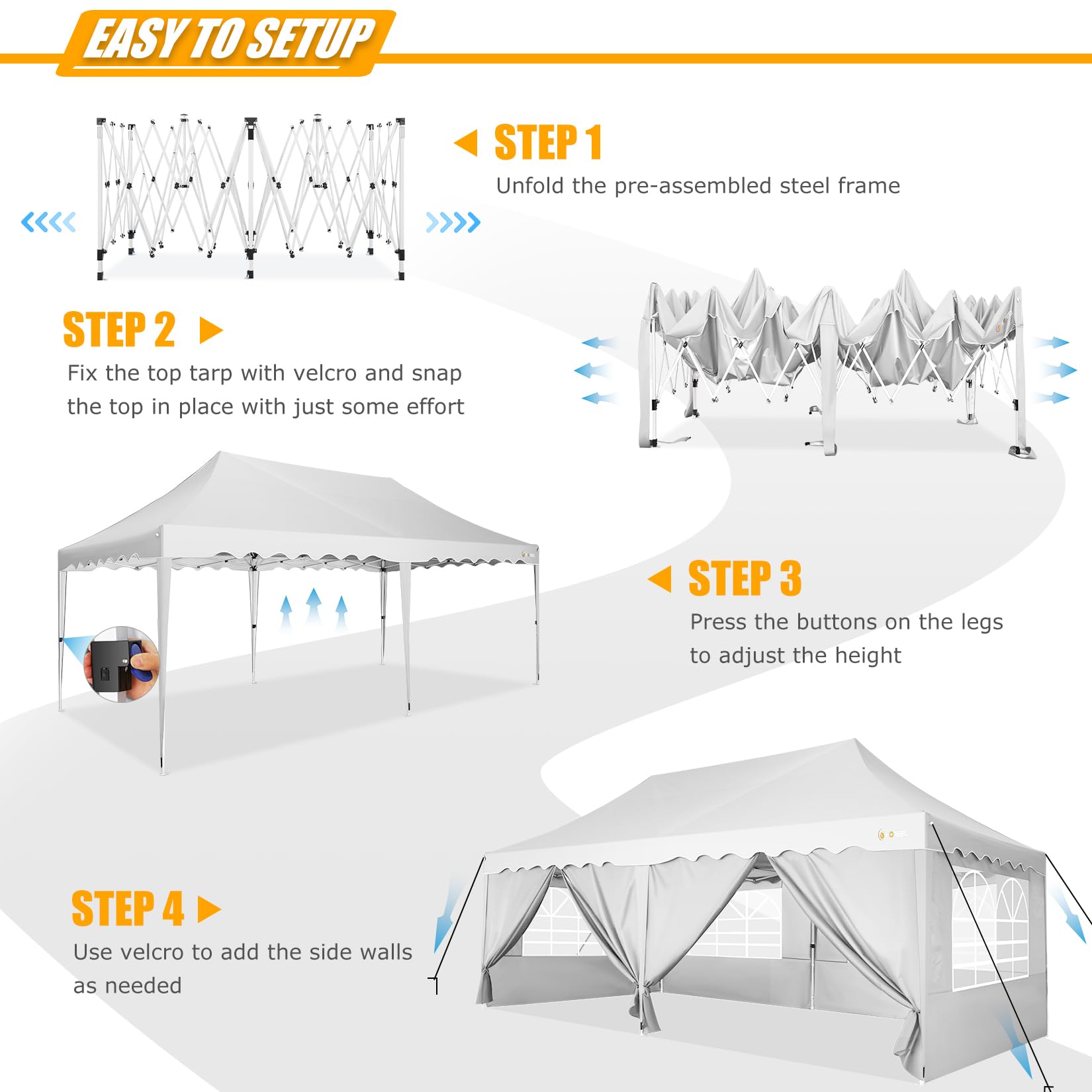 HOTEEL 10x20 Pop Up Canopy Tent - Waterproof & Easy Setup with 6 Sidewalls, 4 Sandbags & Wheeled Carry Bag | Sunproof Outdoor Shelter for Backyard Parties, Weddings, Events, Patio Gatherings & Camping | White Instant Canopy for Commercial or Personal Use