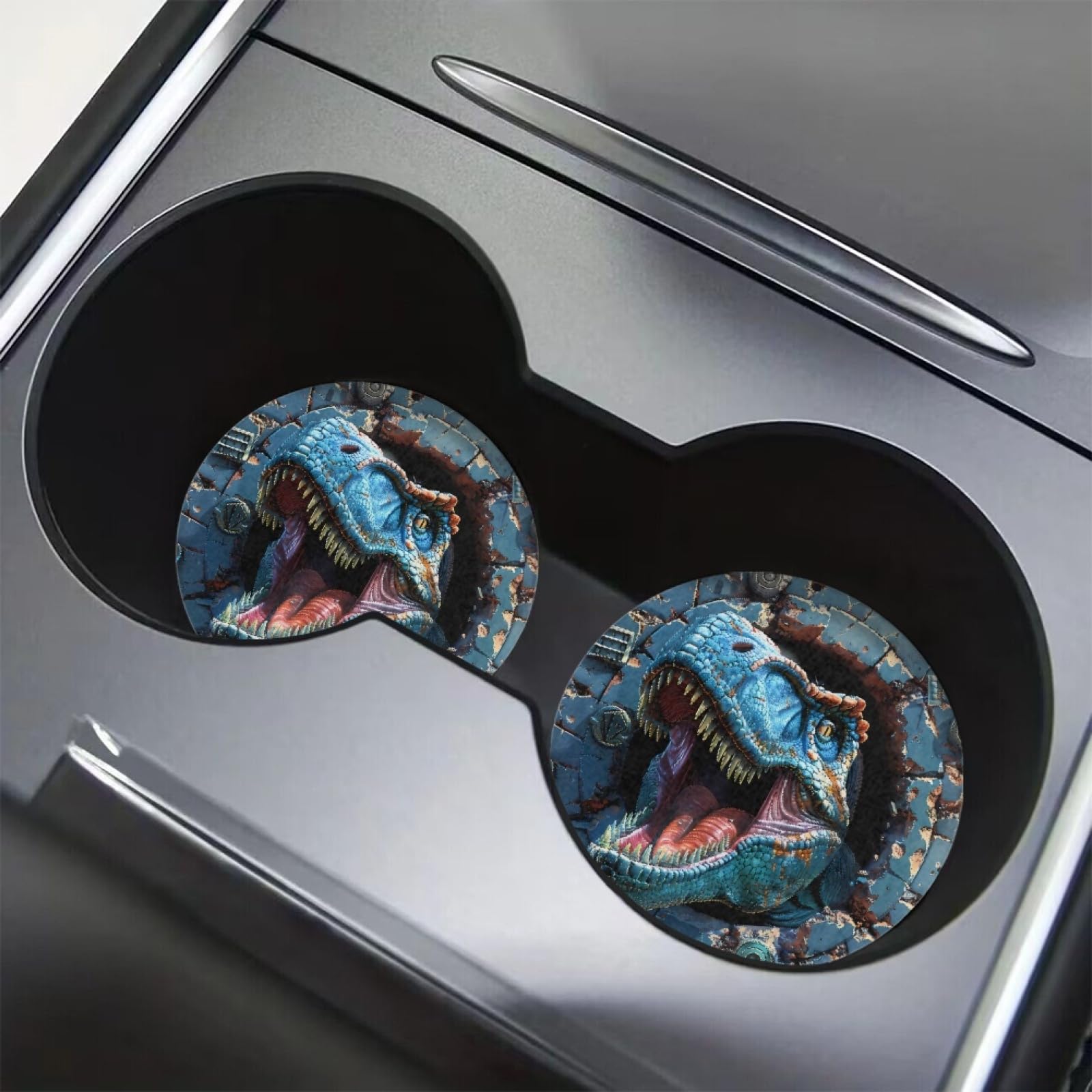 AFPANQZ 3D Dinosaur Car Coasters for Cup Holders - Absorbent Felt+Rubber Coasters Set of 2, 2.75