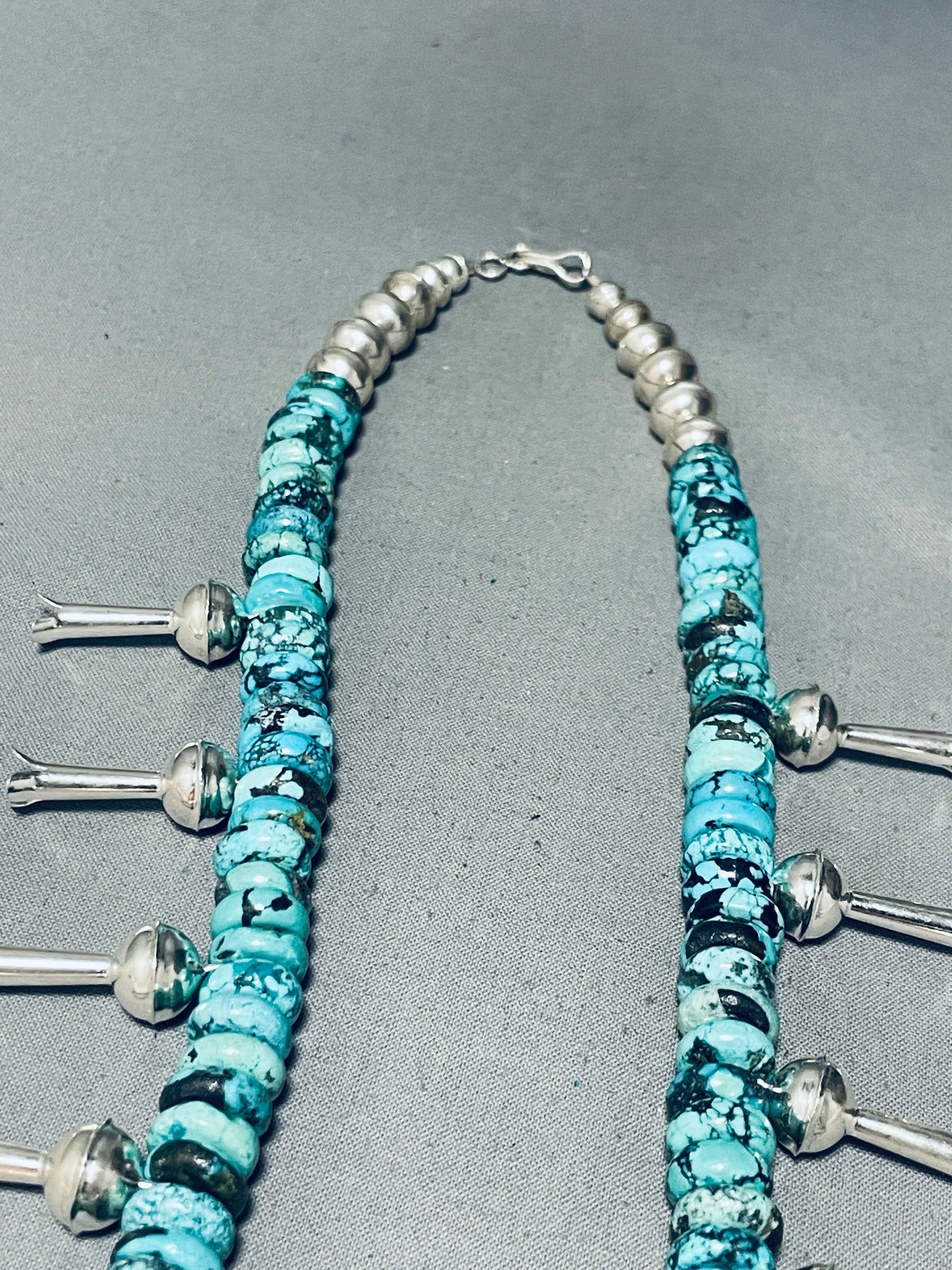 Authentic Navajo Spiderweb Turquoise Squash Blossom Necklace - 170g Sterling Silver Handmade Jewelry for Women - Perfect for Boho Fashion, Wedding Gifts & Special Occasions