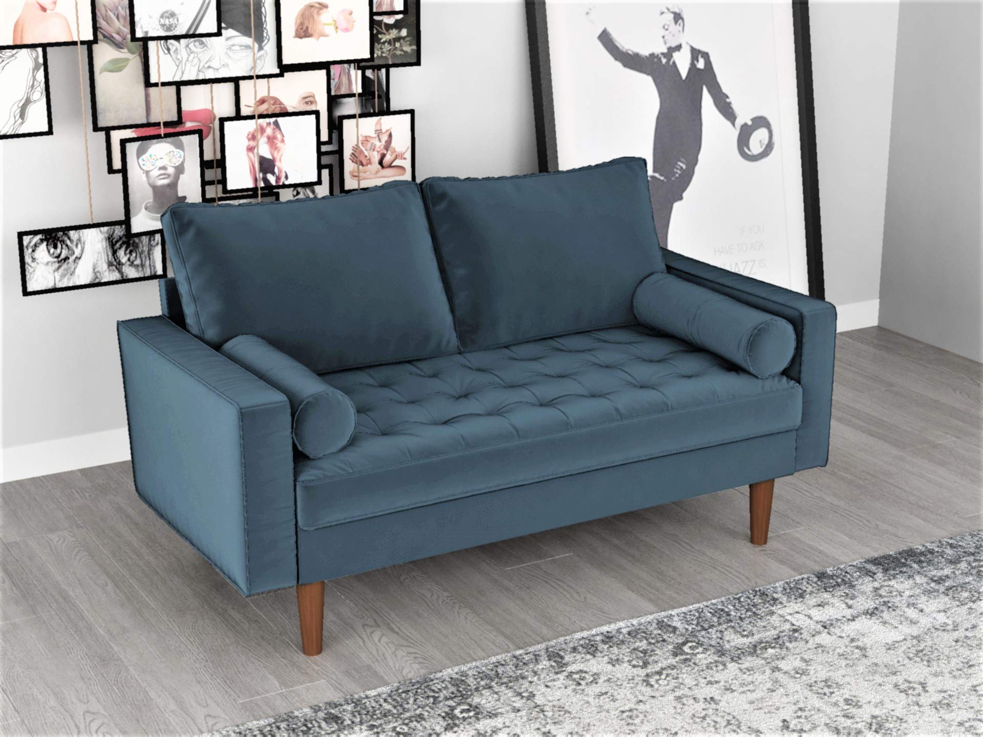 Mid Century Modern Velvet Loveseat with Tufted Seat & Bolster Pillows - Oxford Blue Upholstered Sofa for Living Room, Lounge & Home Decor