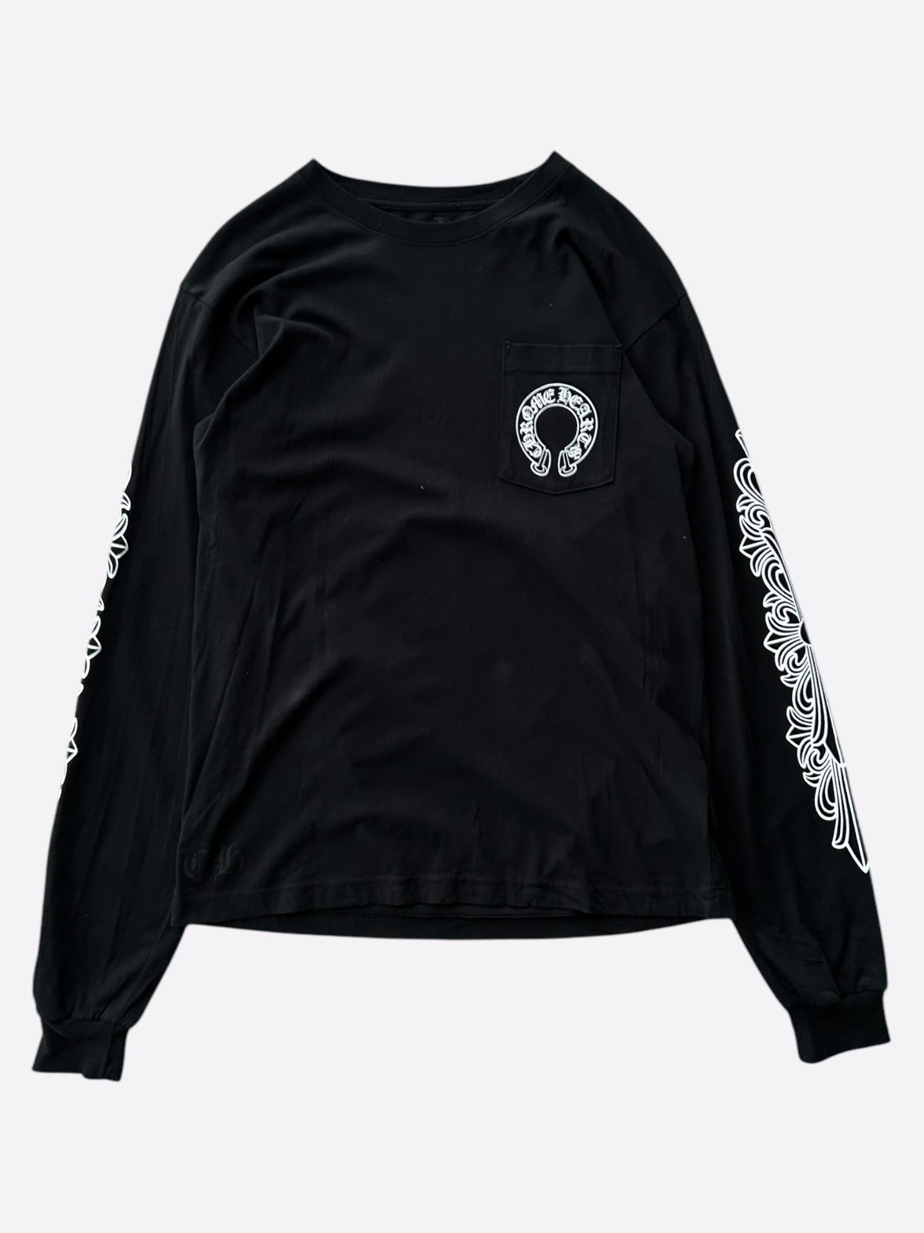 Chrome Hearts Black & White Horseshoe Logo Long Sleeve T-Shirt for Men & Women | Vintage Style Graphic Tee | Streetwear Fashion | Perfect for Casual Wear, Concerts & Outings
