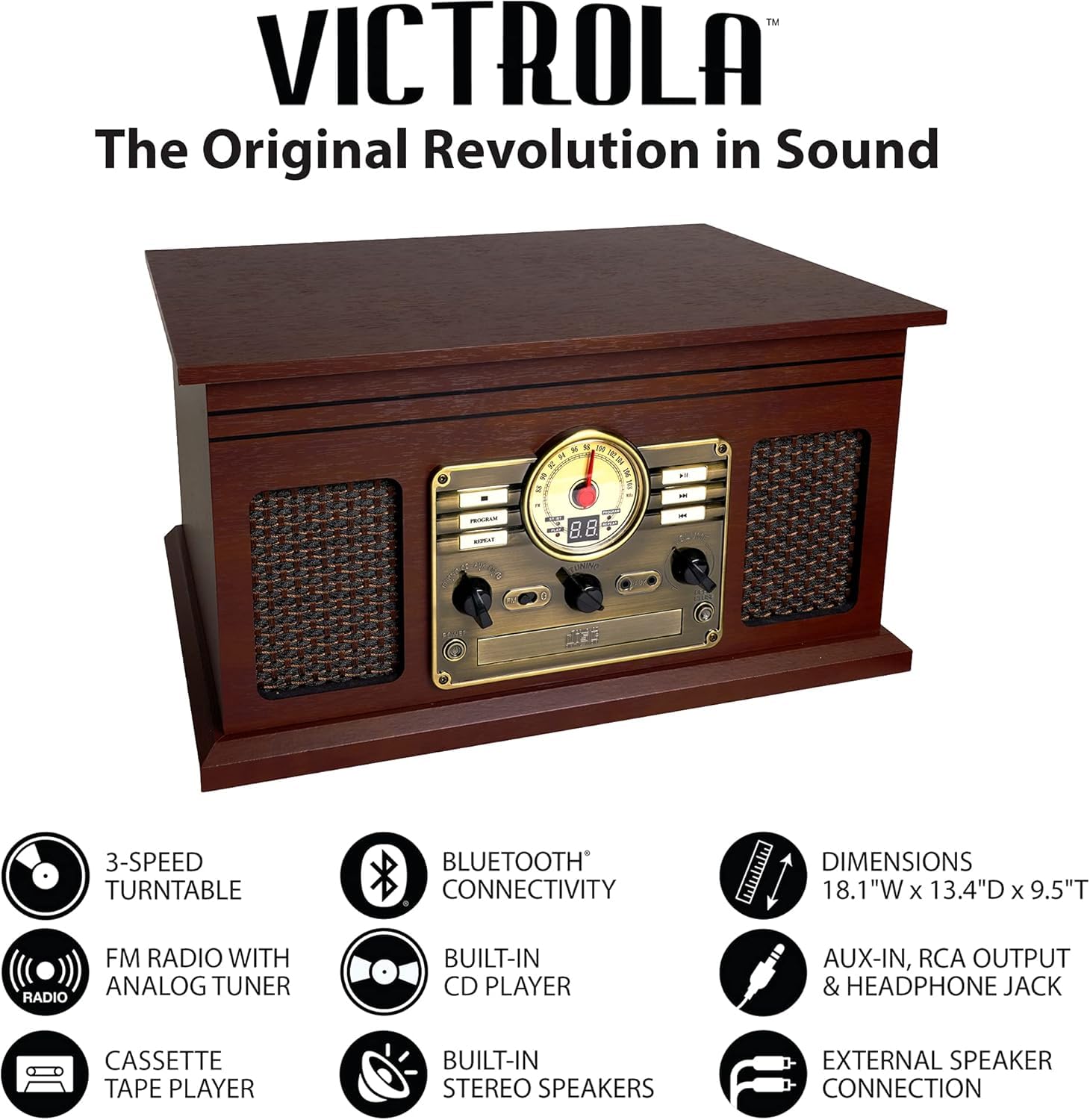 Victrola Nostalgic 7-in-1 Bluetooth Record Player & Multimedia Center with Built-in Speakers - 3-Speed Turntable, CD & Cassette Player, AM/FM Radio | Wireless Music Streaming | Espresso | Perfect for Home Entertainment, Vinyl Collectors & Retro Music Lovers