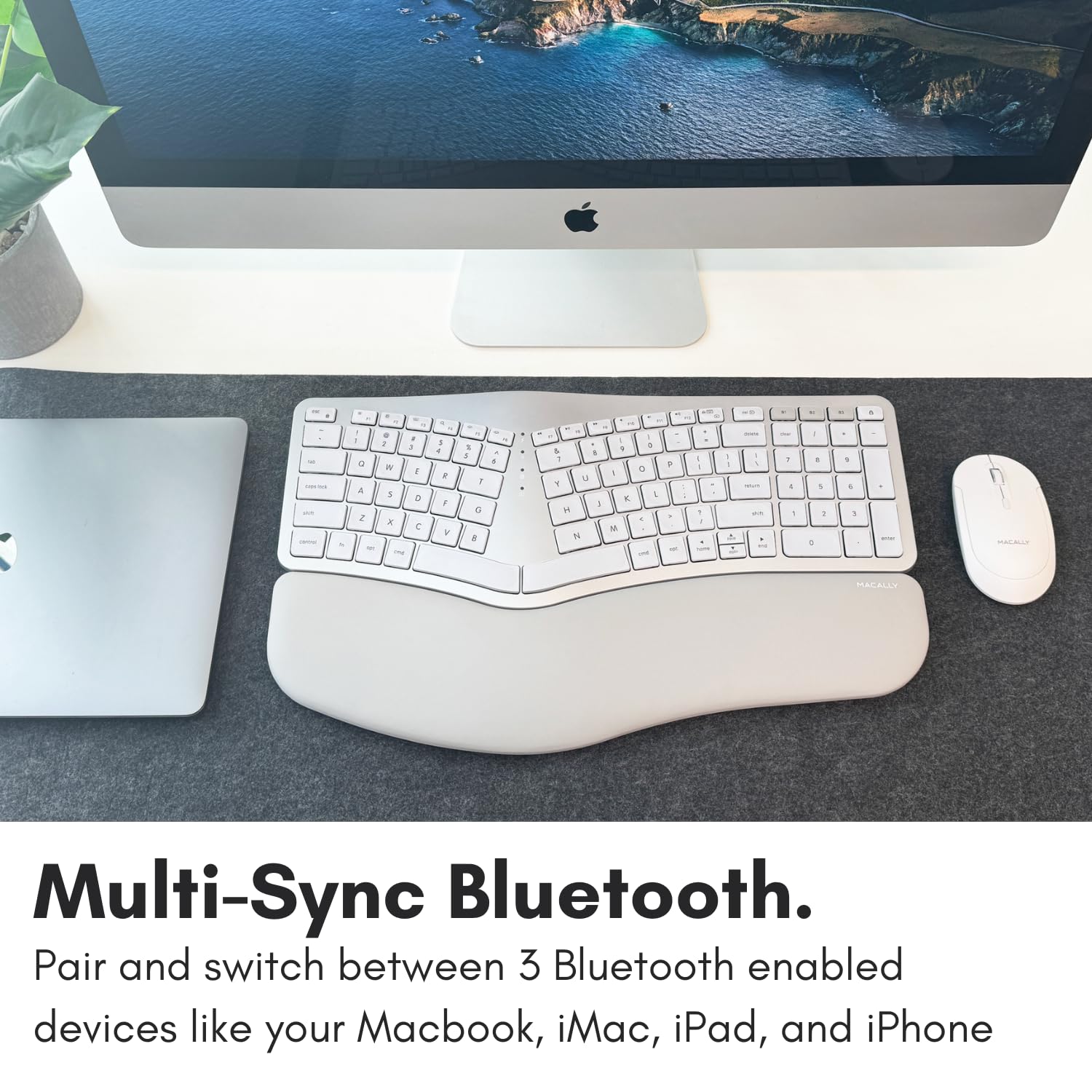 Macally Backlit Bluetooth Ergonomic Keyboard for Mac - Wireless Rechargeable Split Design with 100-Key MacOS Layout - Compatible with MacBook Pro/Air & iMac - Ideal for Office Work, Long Typing Sessions & Home Use