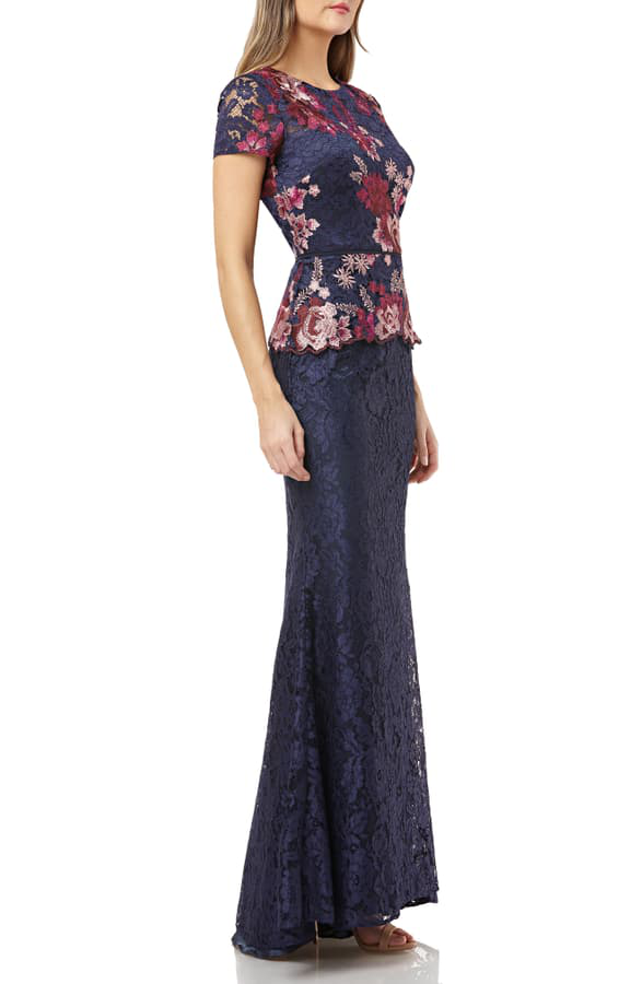 JS Collections Women's Lace Peplum Dress - Navy & Fuchsia Floral Print, Elegant Party Wear for Weddings, Cocktails & Special Occasions