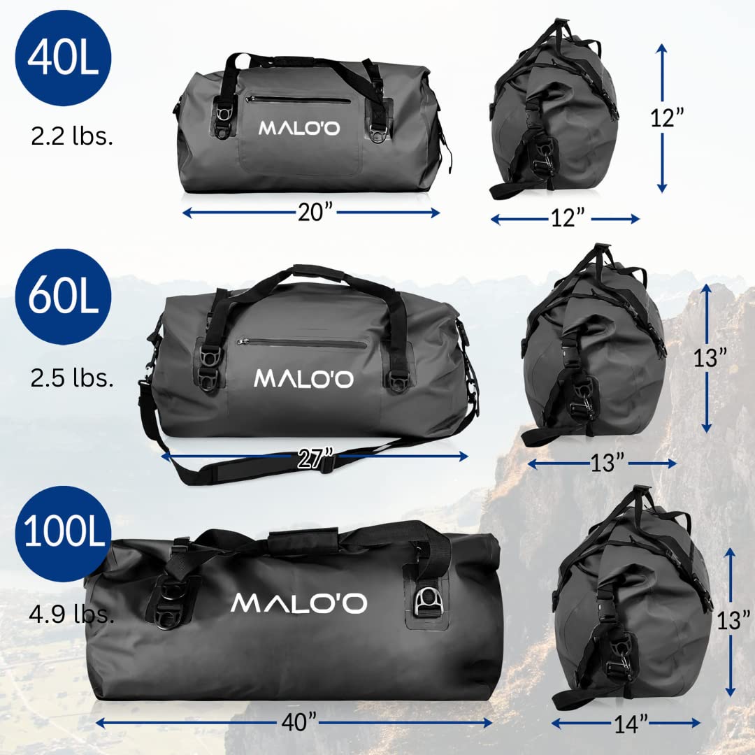 **Malo'o Waterproof Dry Bag Duffel 40L/60L/100L - Roll Top Design for Kayaking, Rafting, Boating, Swimming, Camping, Hiking, Beach & Fishing - Internal & External Pockets with Molle Loops - Keep Gear Dry for Outdoor Adventures**
