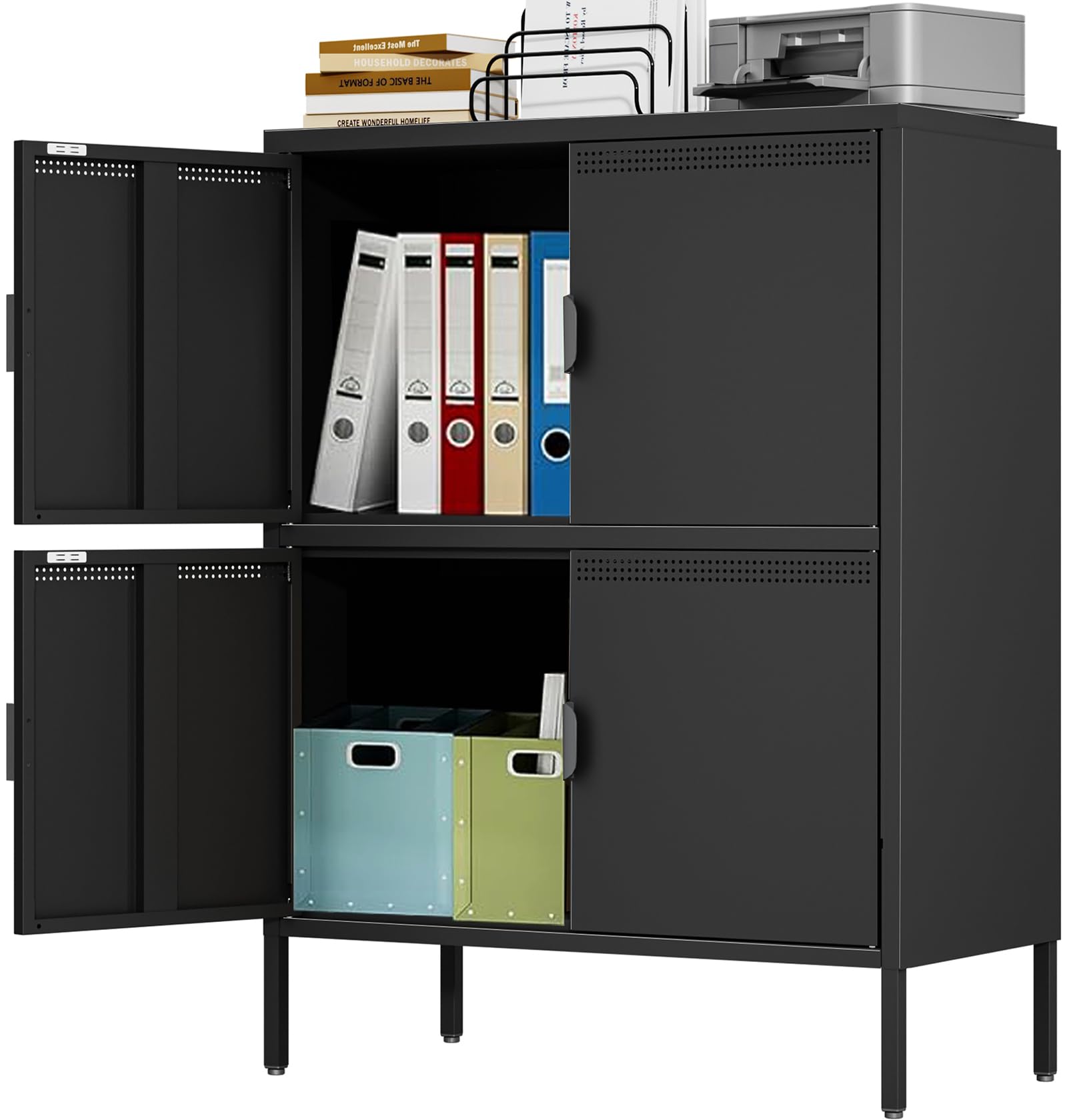 3-Tier Heavy Duty Metal Storage Cabinet - 120LBS Capacity, 4-Door Locker with Adjustable Shelves for Home, Office, Garage & Gym Organization (Black) | Perfect for Storing Tools, Sports Equipment & Office Supplies