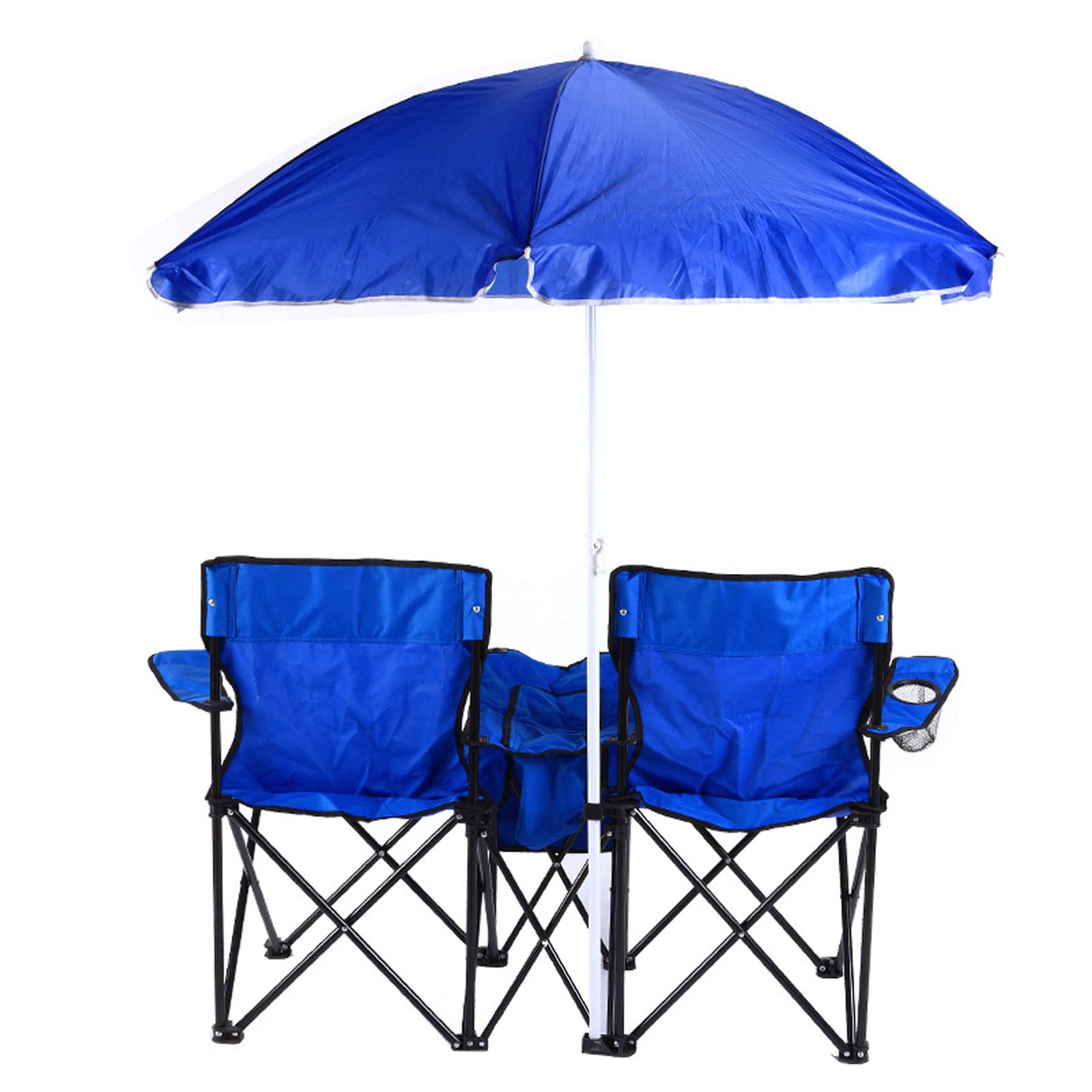 QILIN Portable Double Folding Chair with Removable Umbrella - Outdoor Shaded Chair with Cooler Bag & Carry Case for Beach, Pool, Patio, Garden, Camping & Sports Events - Blue (Ideal for Relaxing, Picnics, Fishing & Outdoor Adventures)