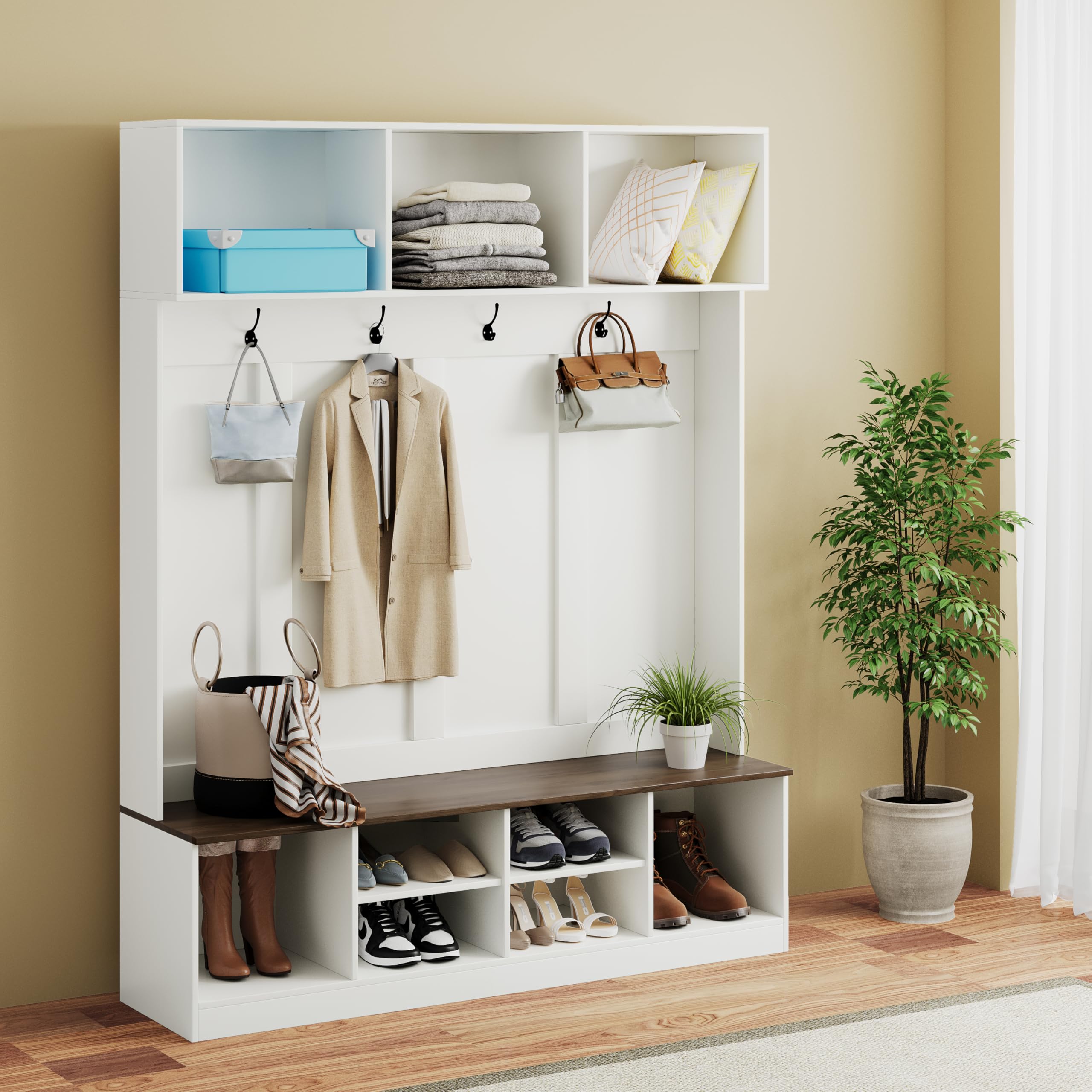 HAOBO Entryway Hall Tree with Bench & Shoe Storage - Adjustable Coat Rack, Open Shelves & Hanging Hooks - Perfect for Mudroom, Hallway & Home Organization - Space-Saving Entry Cabinet for Coats, Shoes & Accessories