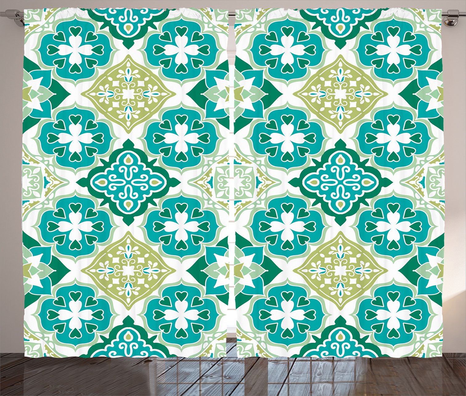 Ambesonne Moroccan Curtains - Geometric Tile Pattern with Diagonal & Triangle Designs, Handcrafted 2 Panel Window Drapes 108