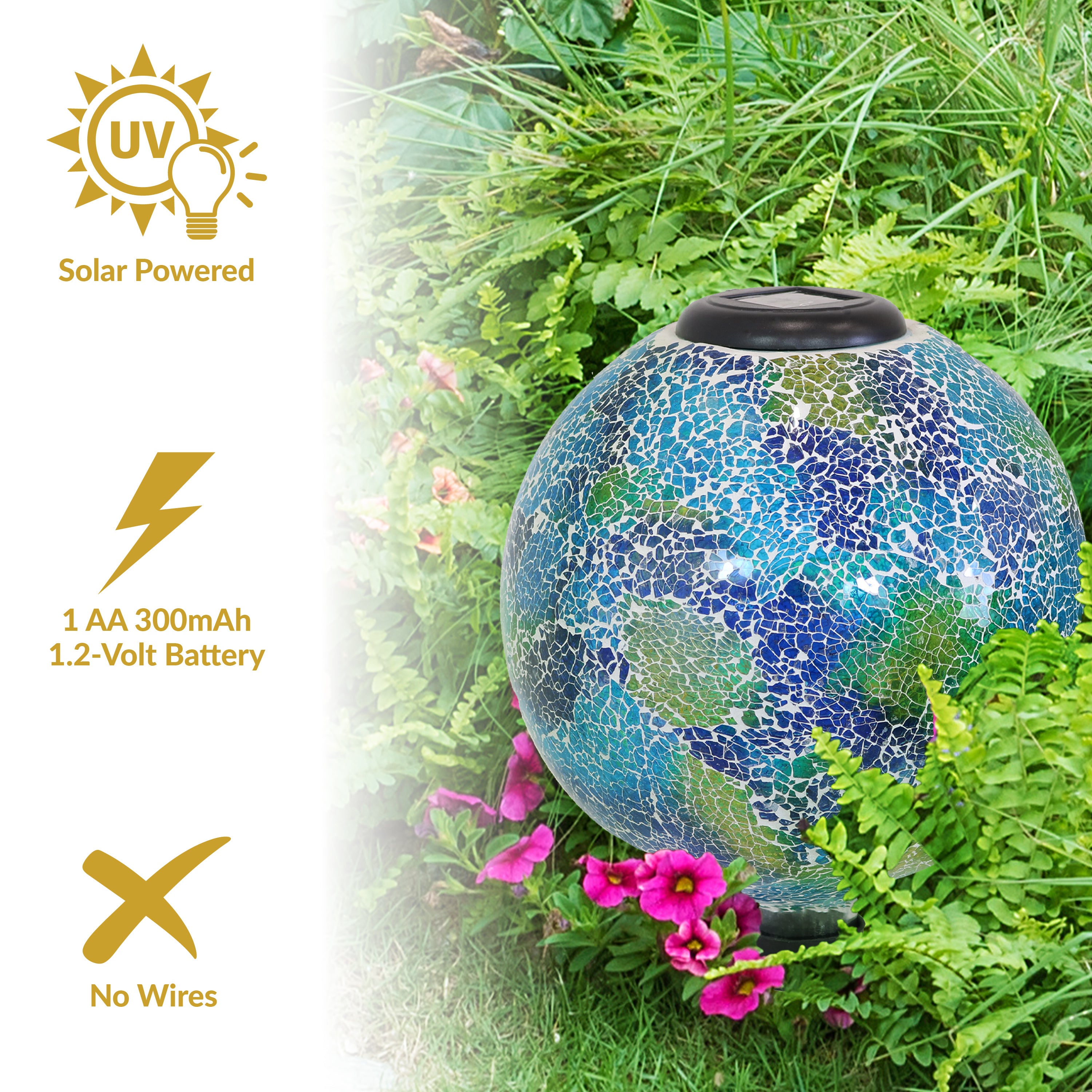 Sunnydaze 10-Inch Glass Mosaic Solar Garden Gazing Globe - Decorative Outdoor Sphere for Garden, Patio, Yard & Landscape Decor | Solar-Powered Light for Nighttime Ambiance