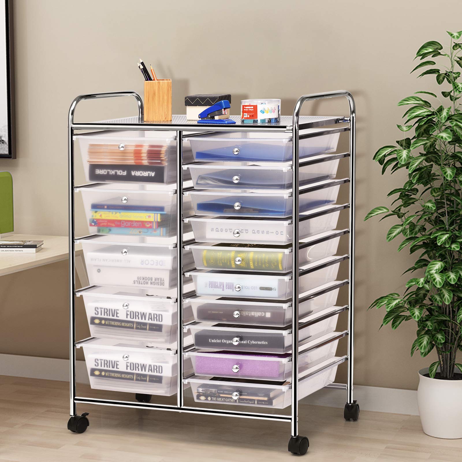 HAPPYGRILL 15-Drawer Rolling Storage Cart with Wheels - Organizer for Tools, Office, School & Craft Supplies - Portable Utility Cart for Home, Office & Classroom Organization